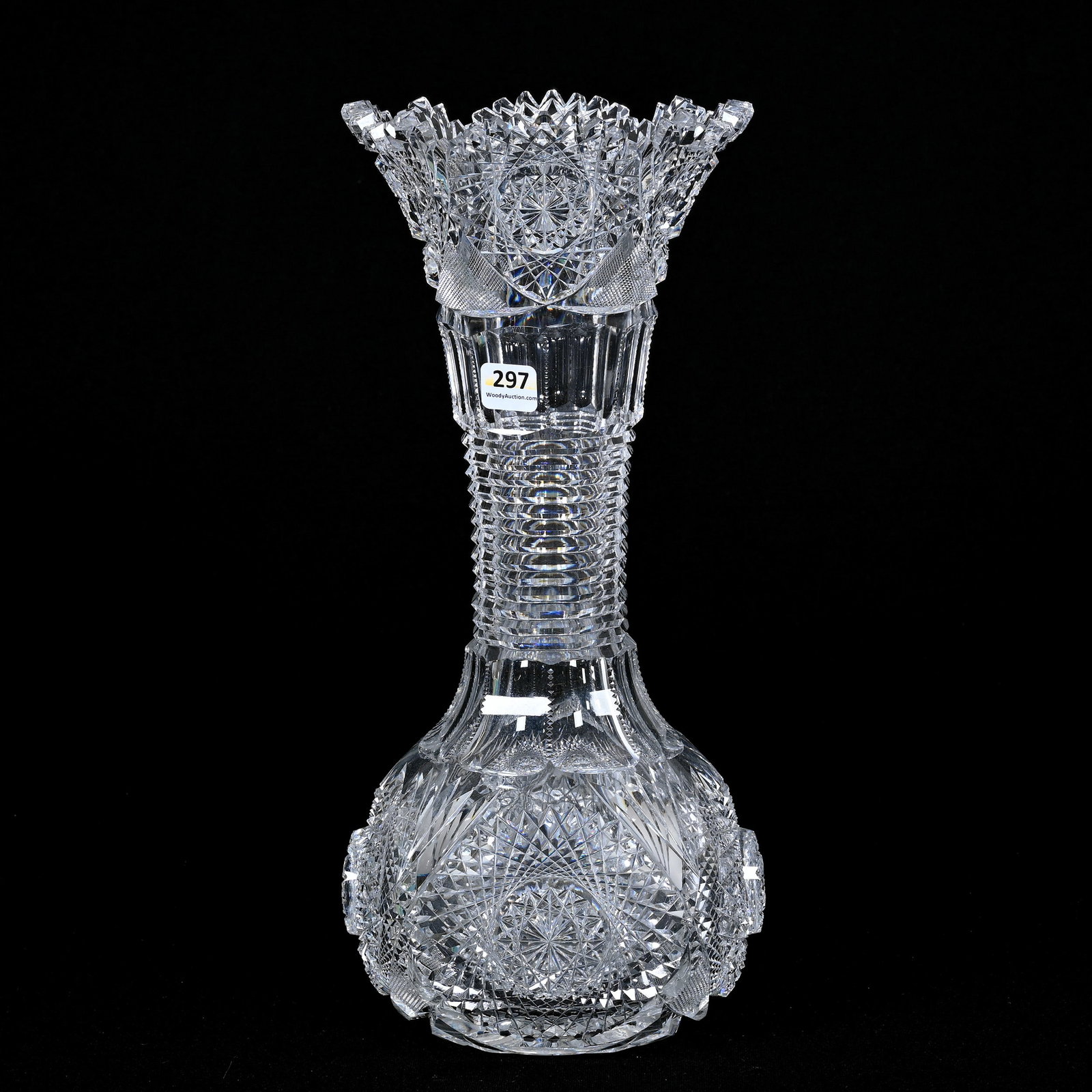 Vase, American Brilliant Cut Glass: Vase, American Brilliant Cut Glass, 14" x 6", Hobstar, Strawberry Diamond And Fan Motif, Step Cut Body, Ray Cut Base, Ware Collection, Illinois.