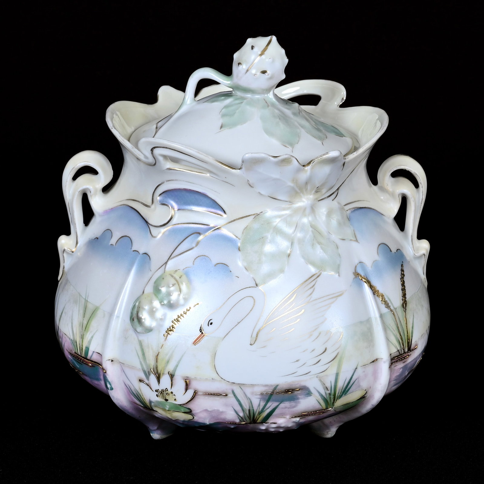 Biscuit Jar, Unmarked R.S. Prussia, Swan Scenic Decor: Biscuit Jar, Unmarked R.S. Prussia, Swan Scenic Decor, 6.5" x 6.25", Stylized, Satin Finish, Estate Of Jerry House.