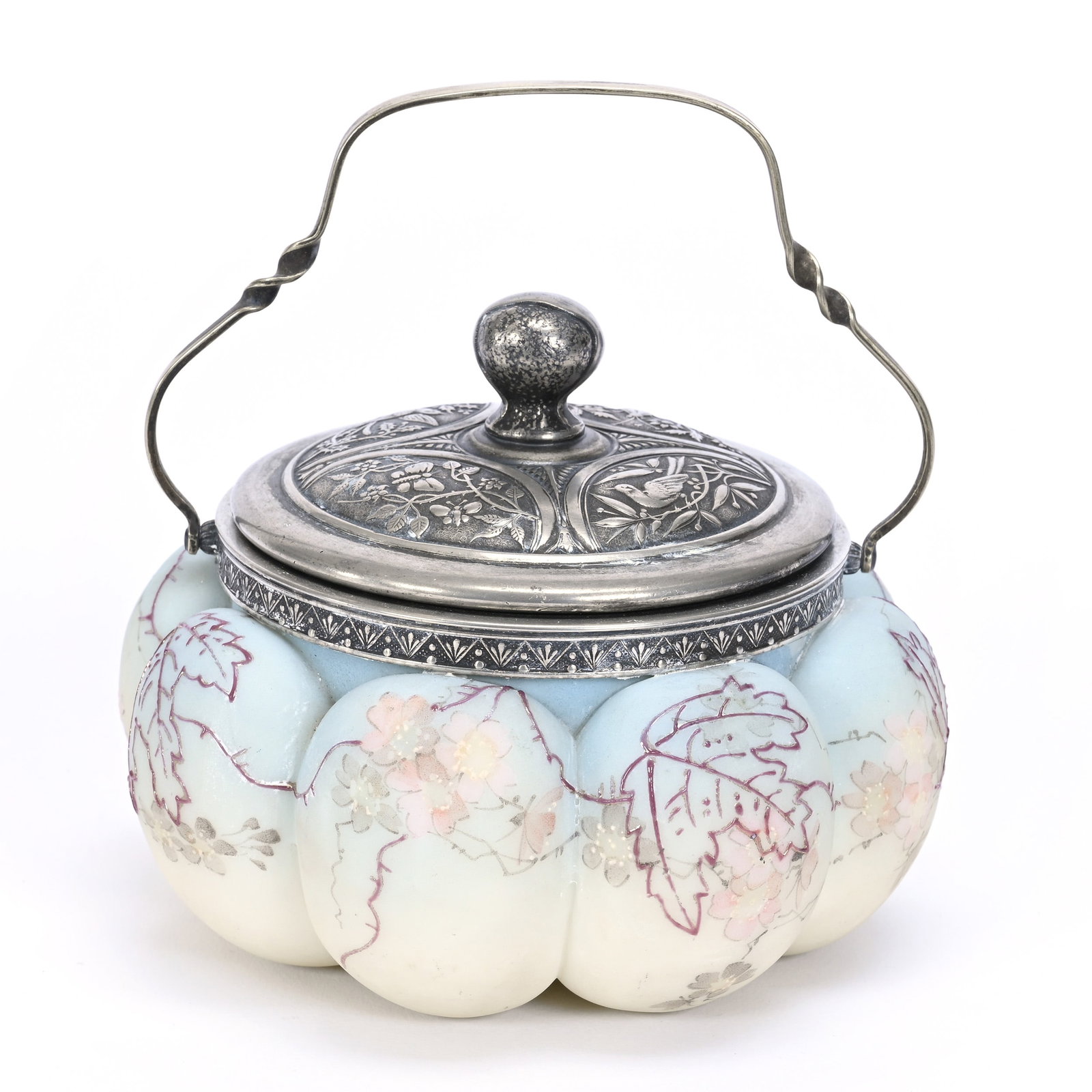 Sweetmeat, Unmarked Mt. Washington Art Glass: Sweetmeat, Unmarked Mt. Washington Art Glass, 4" x 5", Blue And Cream Tones, Melon Ribbed, Floral Decor, Silverplate Lid And Bail, Estate Of Jerry House.
