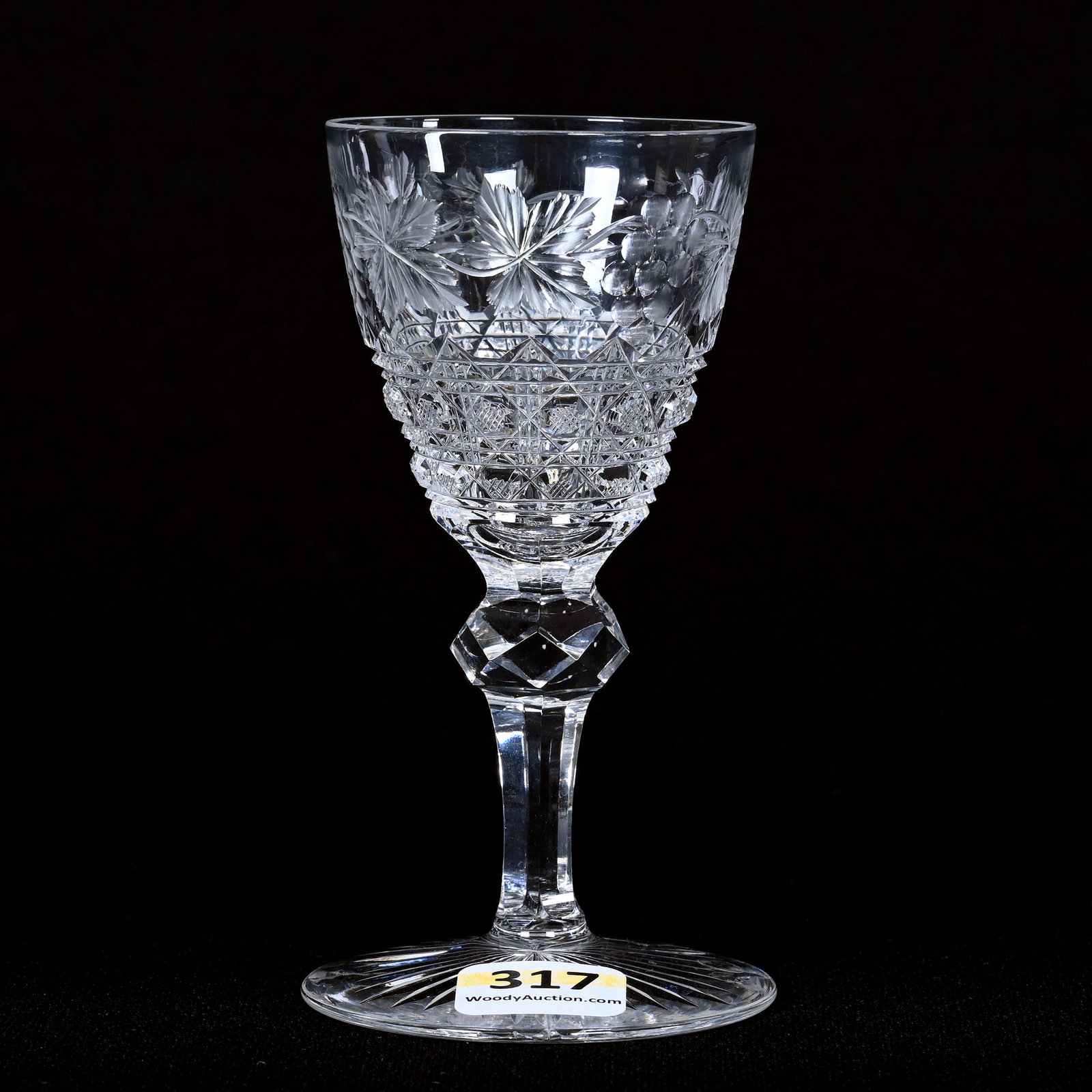 Wine Stem, American Brilliant Cut Glass: Wine Stem, American Brilliant Cut Glass, 4.5" x 2.5", Engraved Vintage And Triple Miter Motif, Facet Cut Knob Stem, Ray Cut Foot, Ware Collection, Illinois.
