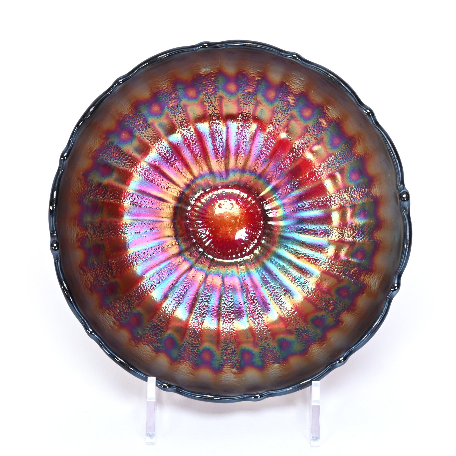 Bowl, Ice Cream Shape, Carnival Glass, Red: Bowl, Ice Cream Shape, Carnival Glass, Red, 5.75", Stippled Rays By Fenton, Estate Of Jerry House.