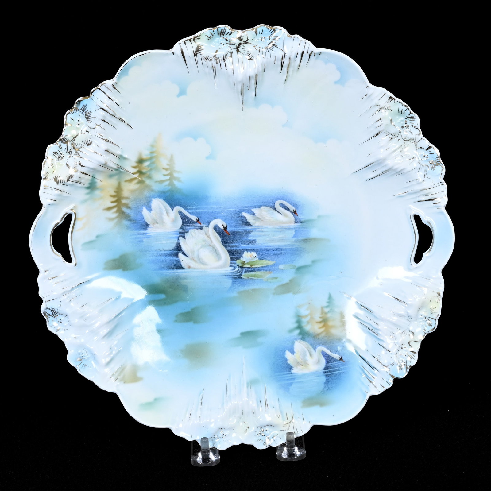 Cake Plate, Marked R.S. Prussia, Swan Icicle Mold: Cake Plate, Marked R.S. Prussia, Swan Icicle Mold, 11", Estate Of Jerry House.