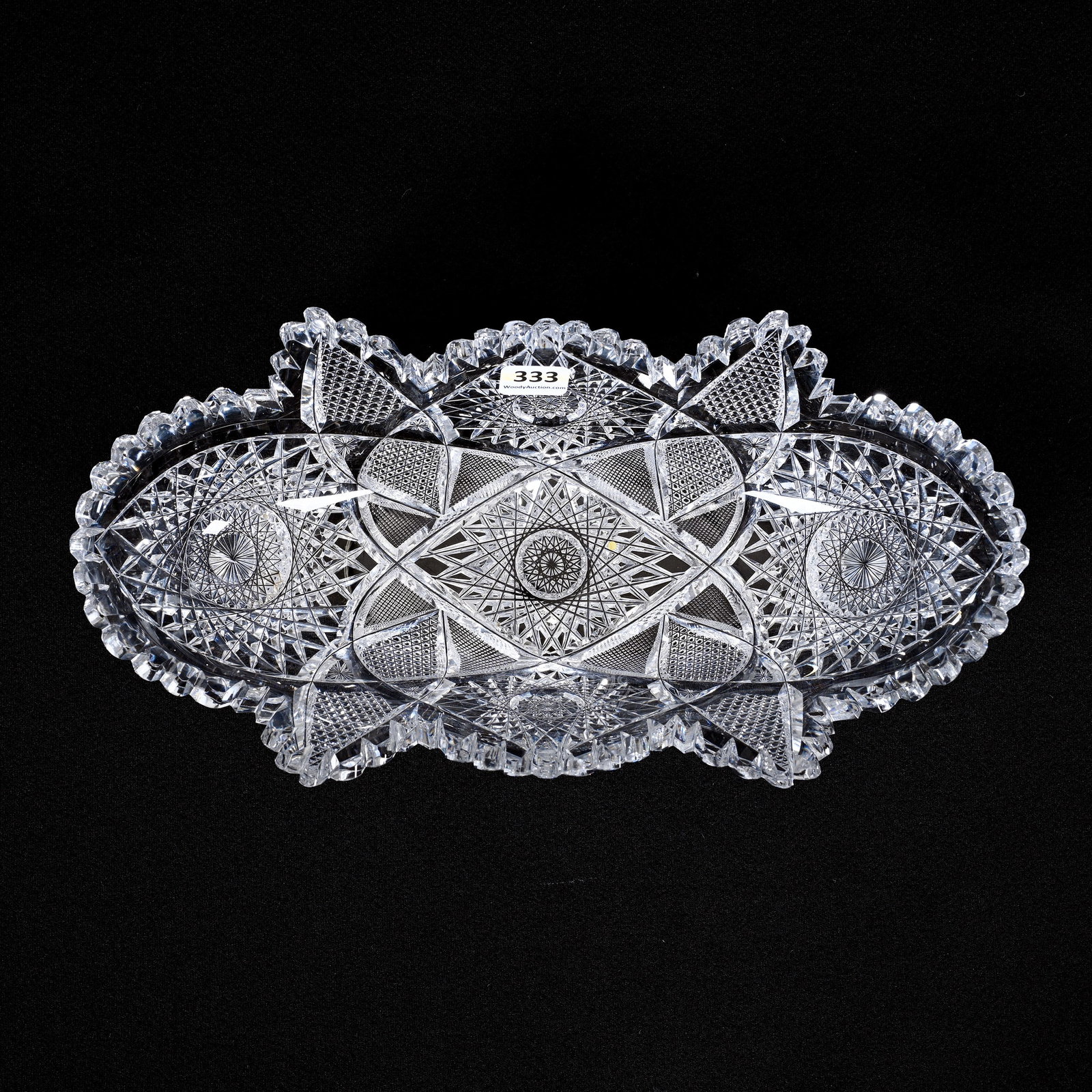 Celery Tray, American Brilliant Cut Glass: Celery Tray, American Brilliant Cut Glass, 3" x 11.75" x 6", Libbey Blank Mark (Star In Circle), Hobstar, Vesica, Nailhead Diamond And Strawberry Diamond Motif, Ware Collection, Illinois.