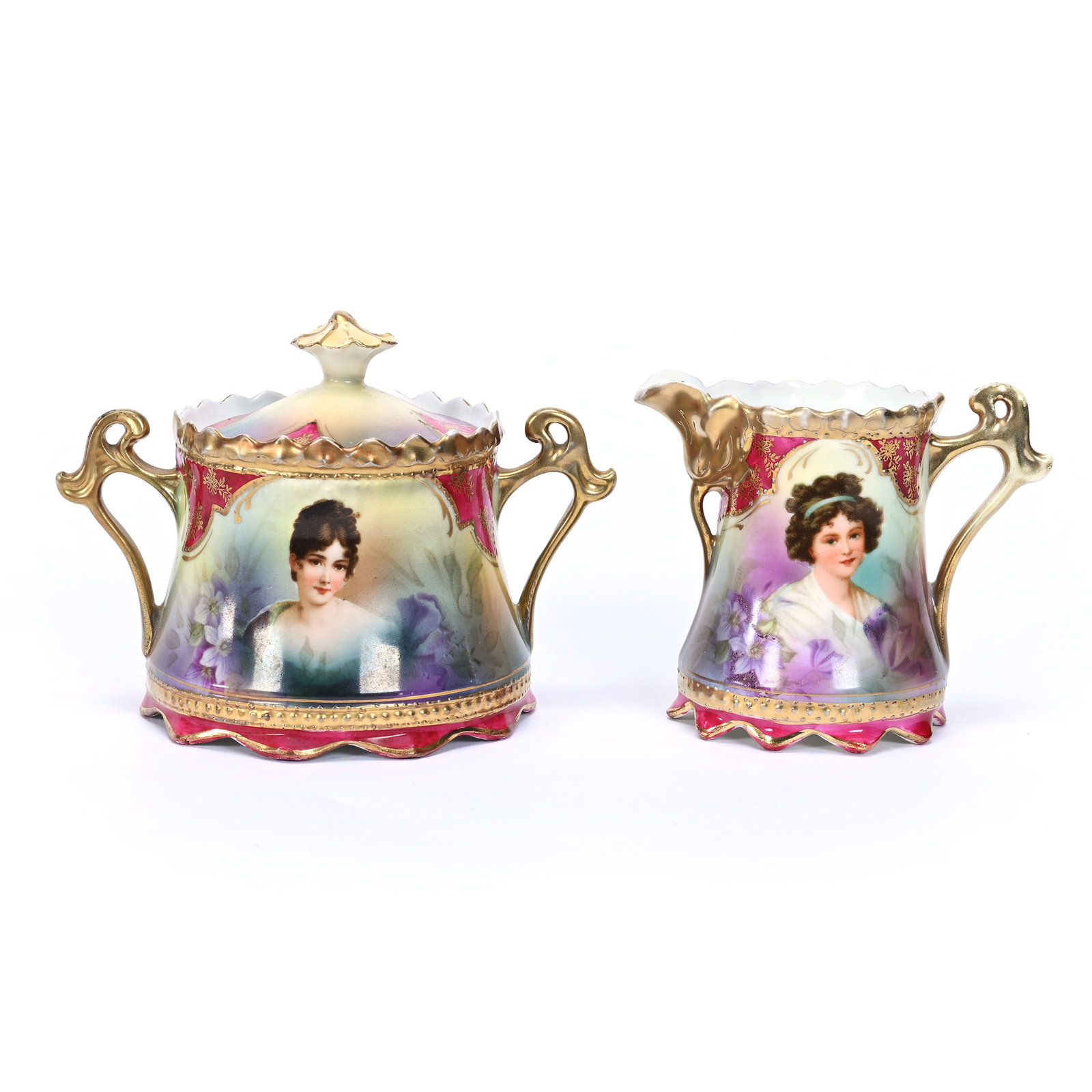 Creamer & Sugar Set, Unmarked R.S. Prussia: Creamer And Sugar Set, Unmarked R.S. Prussia, 4" x 5.5", Green And Lavender Ground, Red Border, Portraits Of Recamier And Lebrun With Ribbon, Finial Chip, Tennessee Private Collection.