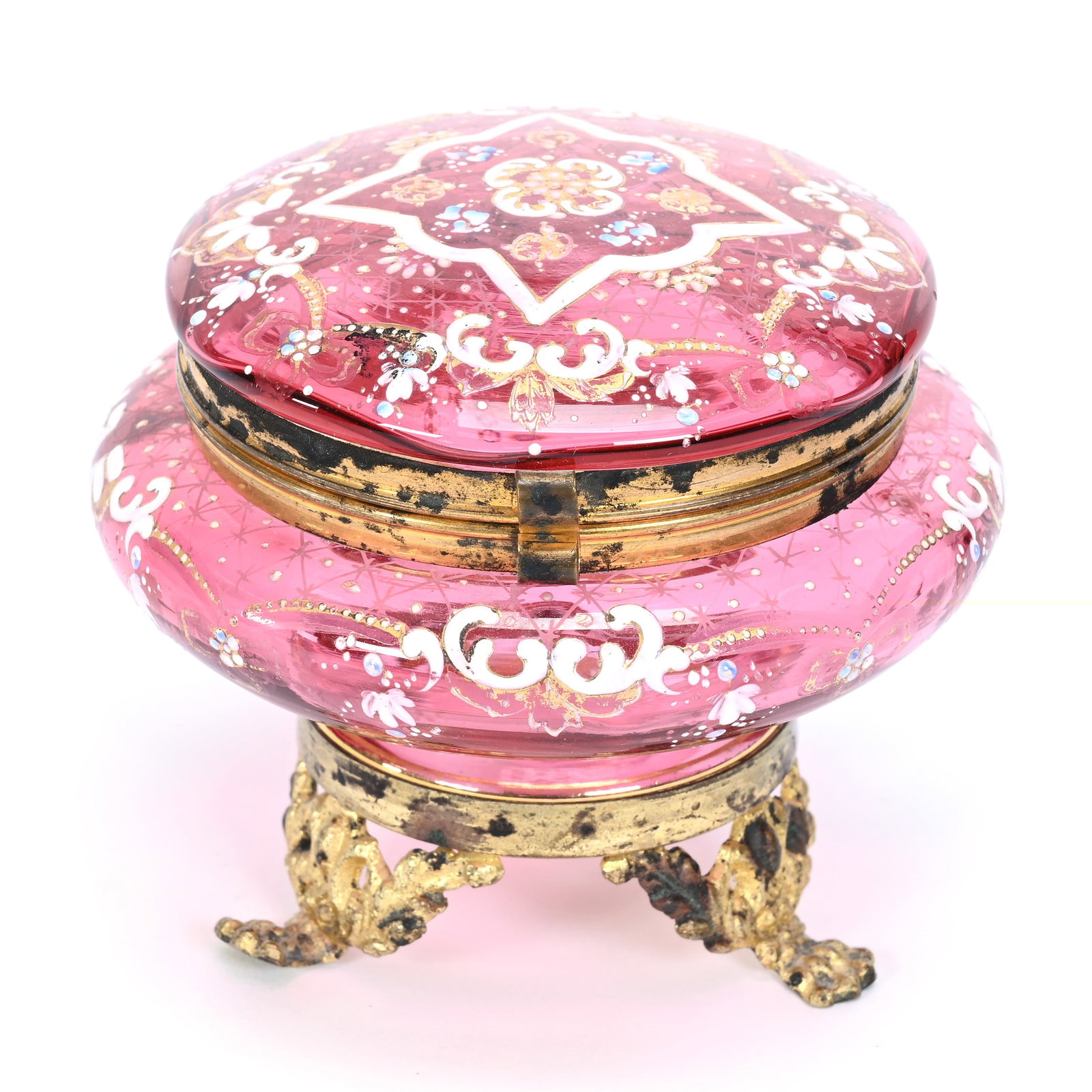 Jewel Box, Cranberry Art Glass: Jewel Box, Cranberry Art Glass, 3.25" x 3.75", Enamel Scroll And Floral Decor, Gilt Metal Feet And Fittings, Estate Of Jerry House.