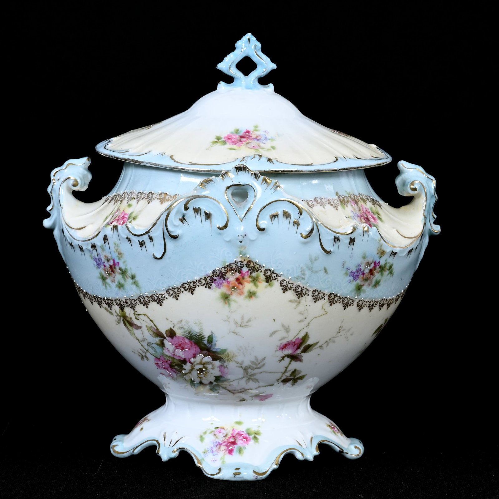 Pedestal Biscuit Jar, Unmarked R.S. Prussia: Pedestal Biscuit Jar, Unmarked R.S. Prussia, 7.5" x 7", Blue, Cream And White Tones, Colorful Floral Decor, Gold Stencil Highlights, Tennessee Private Collection.