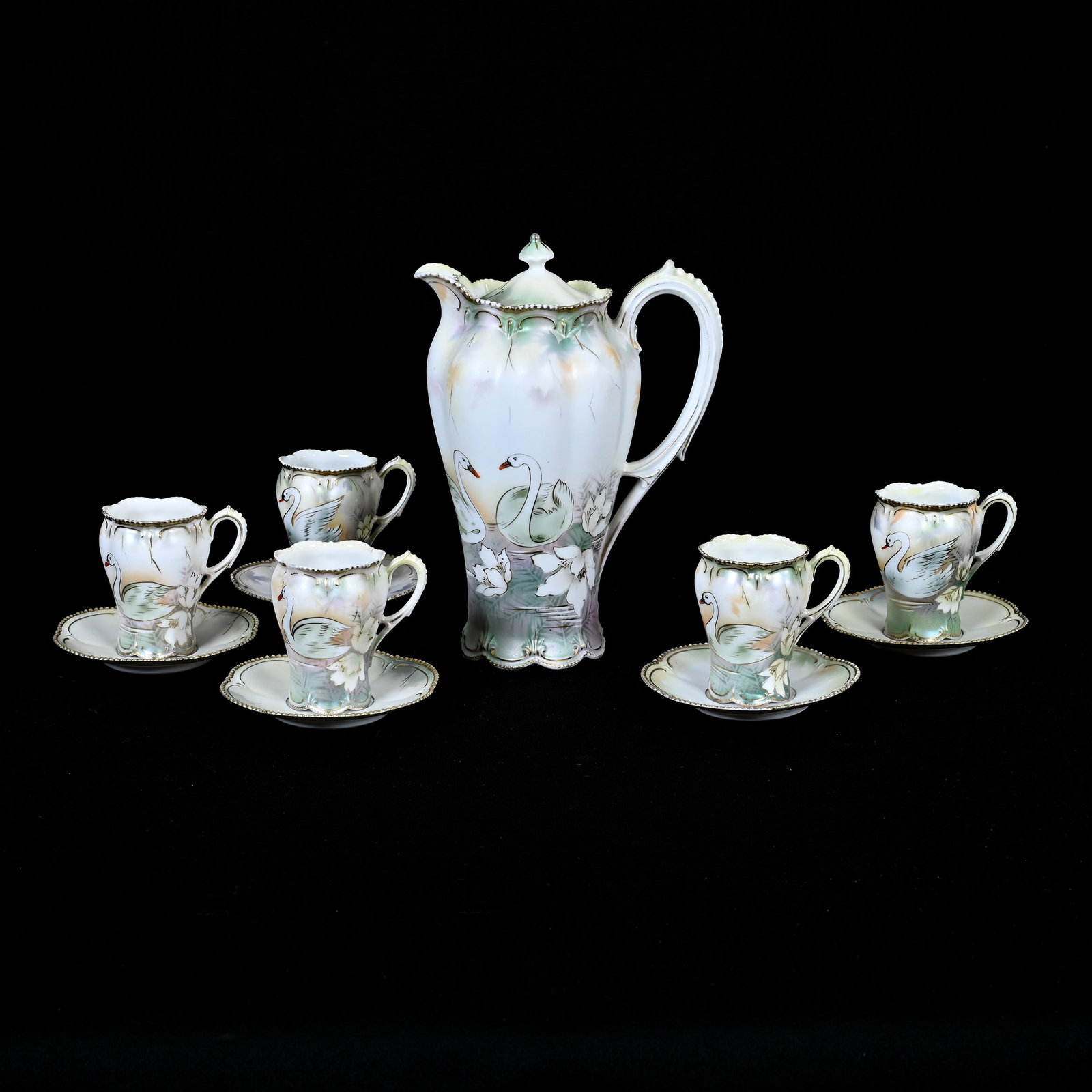 Chocolate Set Marked R.S. Prussia: Chocolate Set Marked R.S. Prussia, Stylized Swan Scenic Decor, Satin Finish, (1) 9.5" X 6.75" Chocolate Pot, (5) Matching Cups And Saucers, Estate Of Jerry House.