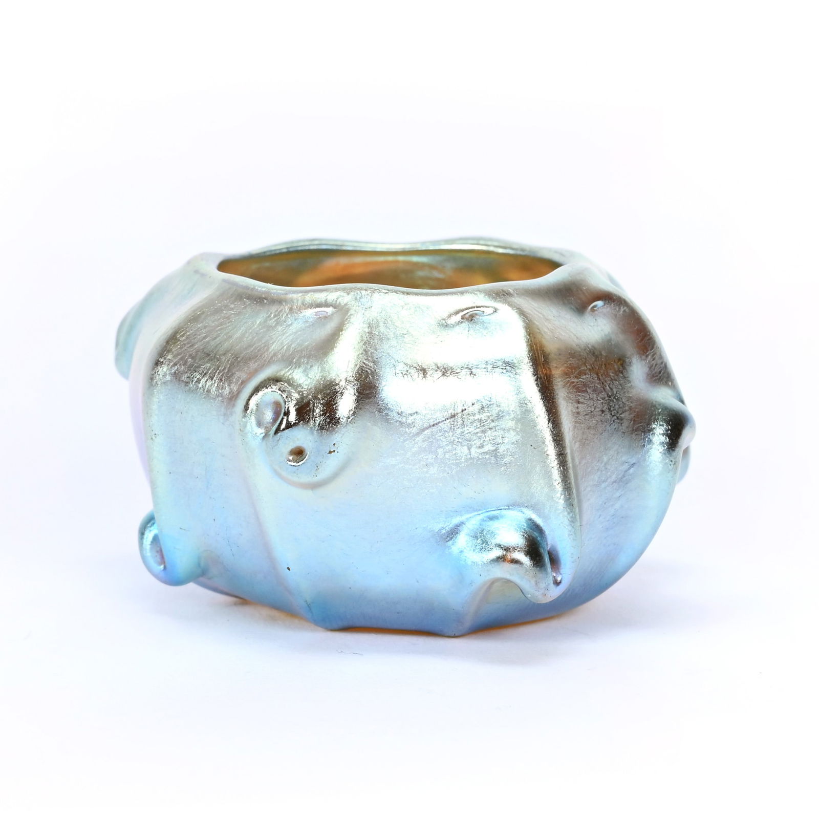 Salt Dip, Signed L.C.T. #2772, Salt Cellar: Salt Dip, Signed L.C.T. #2772, Salt Cellar, 1.25" x 2", Gold Iridescence With Pulled Loop (Pigtail) Design, Ware Collection, Illinois.