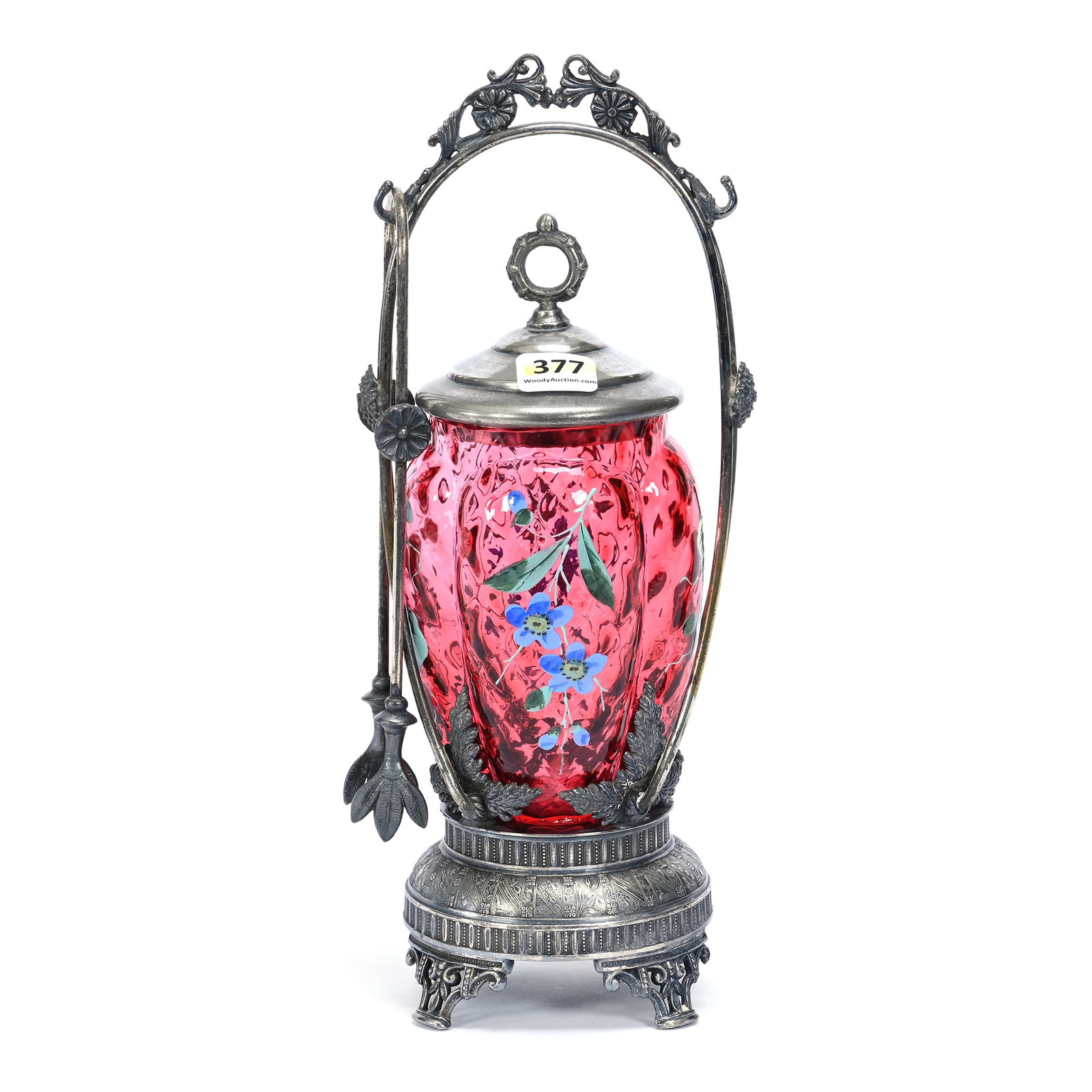 Victorian Pickle Castor, Cranberry Art Glass Insert: Victorian Pickle Castor, Cranberry Art Glass Insert, 11" x 4.5", Diamond Quilted, Melon Ribbed, Enamel Floral Decor, Set On Aurora #0658 Silverplate Frame, Estate Of Jerry House.