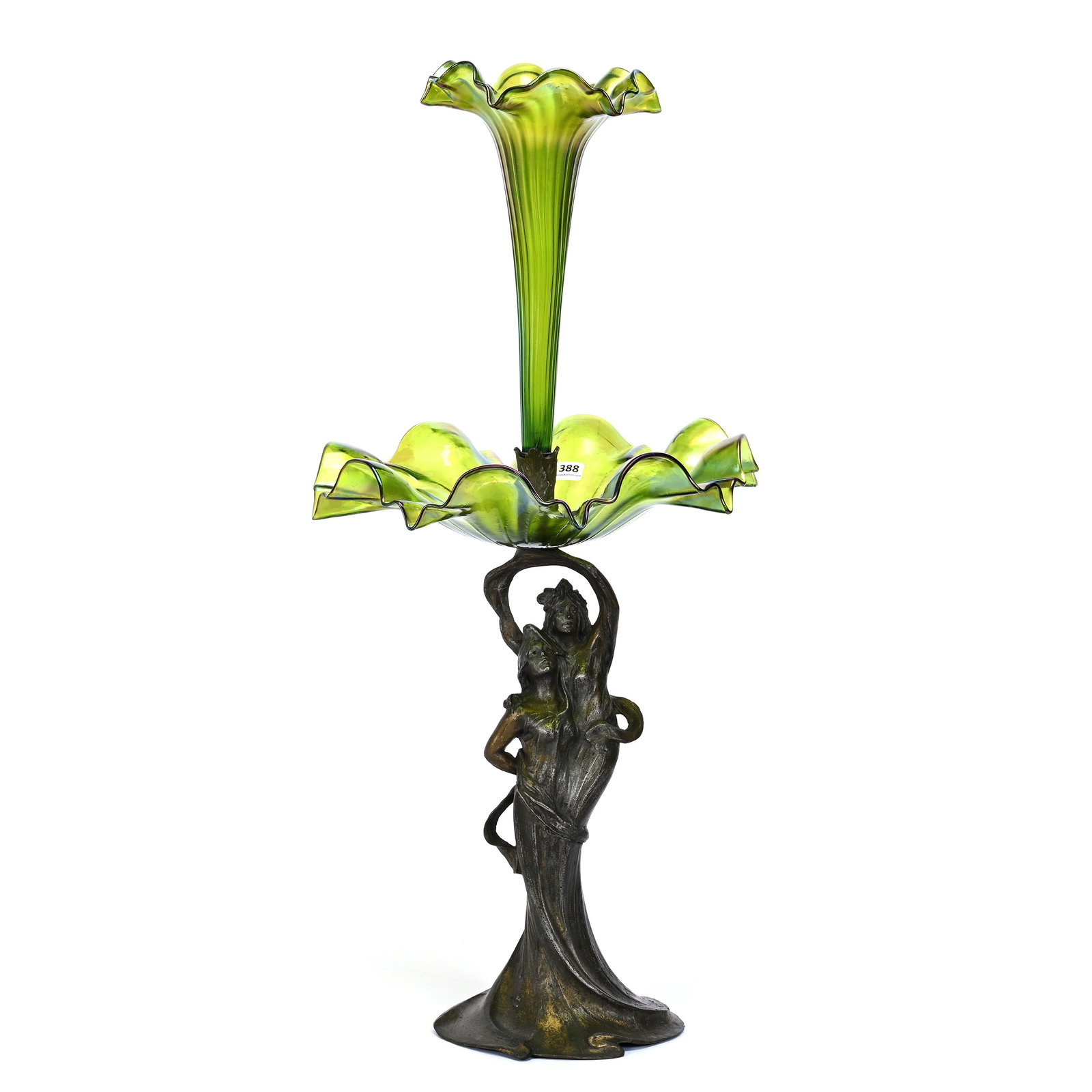 Epergne, Green Iridescent Loetz Style Art Glass: Epergne, Green Iridescent Loetz Style Art Glass, 26" x 12", Lily And Bowl, Mounted On Figural Art Nouveau Metal Base Featuring Two Women, Estate Of Jerry House.