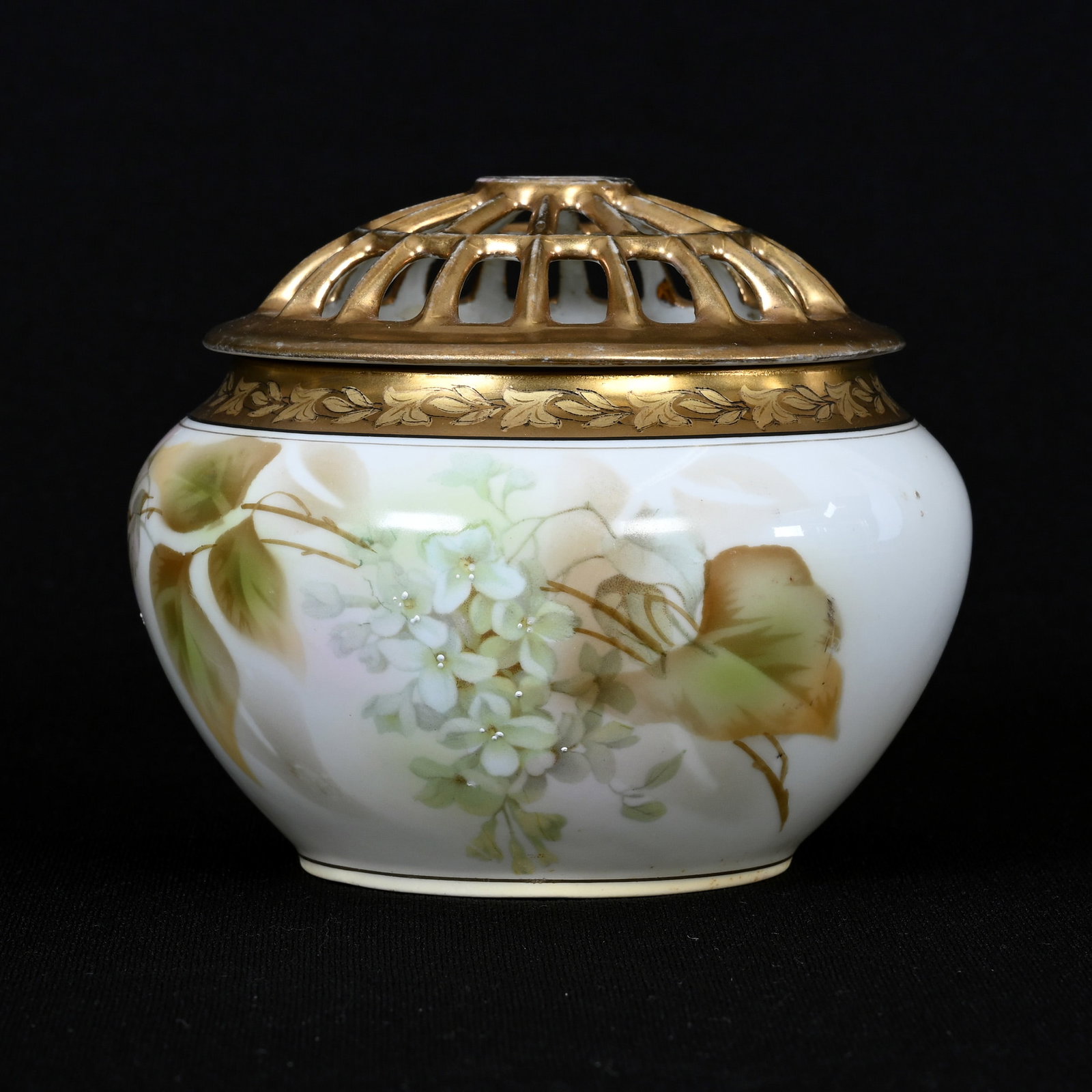 Flowerpot/Removable Flower Frog, Marked R.S. Prussia: Flowerpot/Removable Flower Frog, Marked R.S. Prussia, 4" x 4.75", White And Green Tones, Floral Decor, Heavy Gold Trim, Tennessee Private Collection.