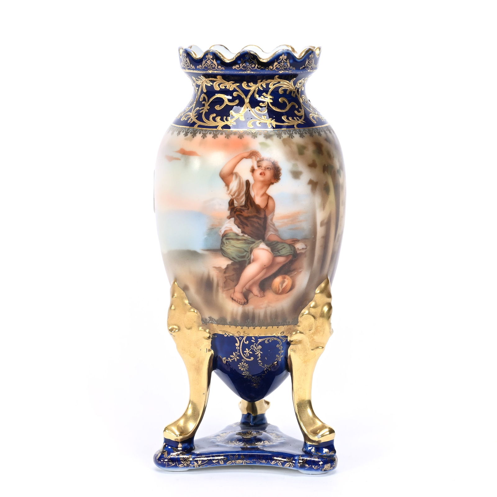 Pedestal Urn/Vase, Marked Prov Saxe, Melon Eater (1 of 3)