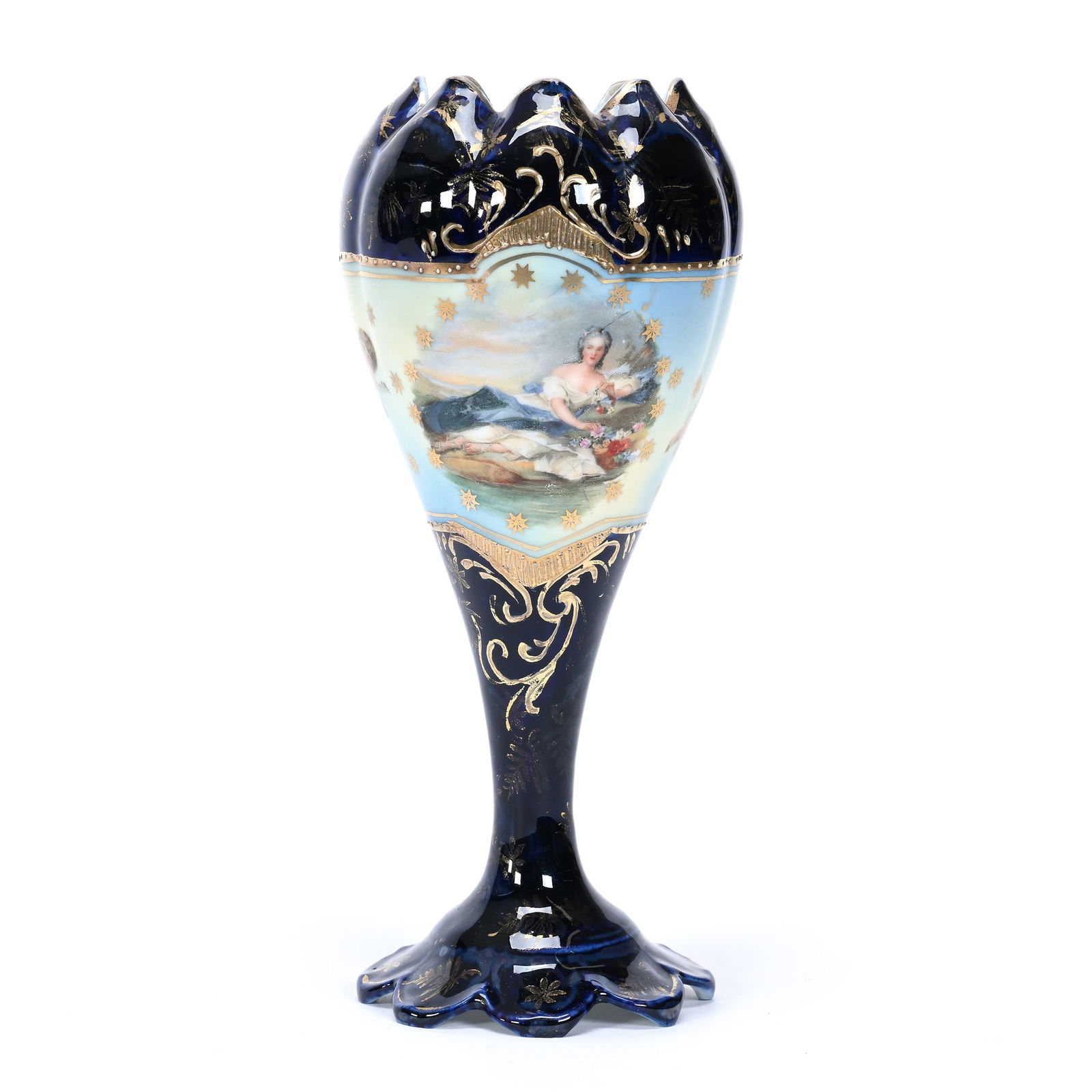 Vase, Unmarked Royal Vienna, Double Scene: Vase, Unmarked Royal Vienna, Double Scene, 7.25" x 3.25", Cobalt Blue Border With Gold Trim Highlights - Scenes Of Diana The Huntress And Reclining Lady, Tennessee Private Collection.