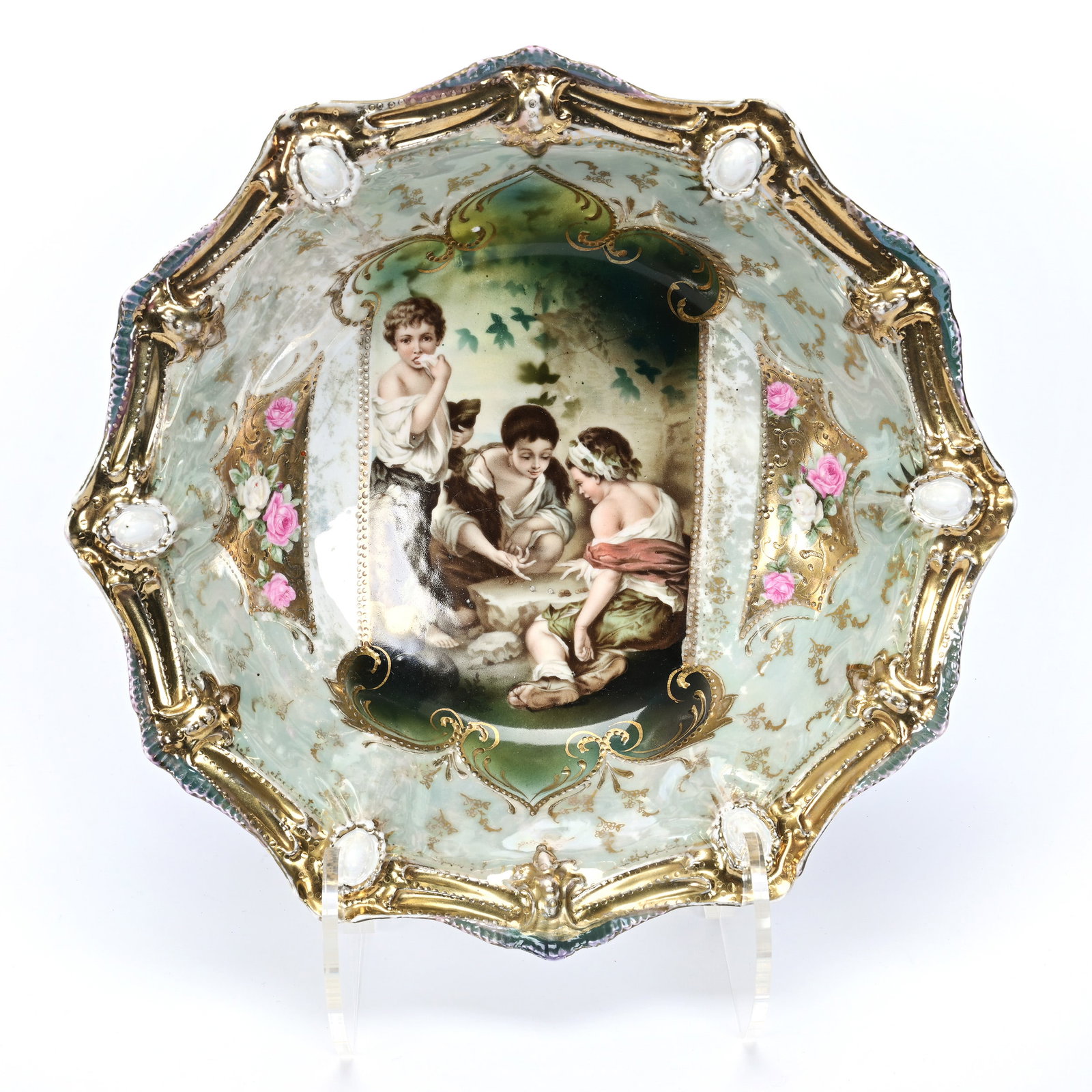 Bowl Marked R.S. Prussia, Keyhole Dice Throwers: Bowl Marked R.S. Prussia, Keyhole Dice Throwers, 10.5", Ribbon And Jewel Mold, Green Luster Ground With Gold And Opal Jewel Highlights, Some Light Luster Wear, Estate Of Jerry House.
