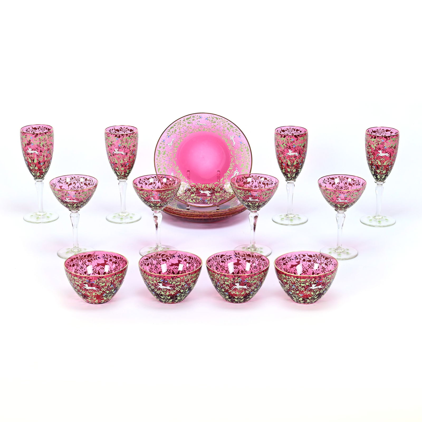 (16) Piece Set Of Cranberry Venetian Art Glass (1 of 3)
