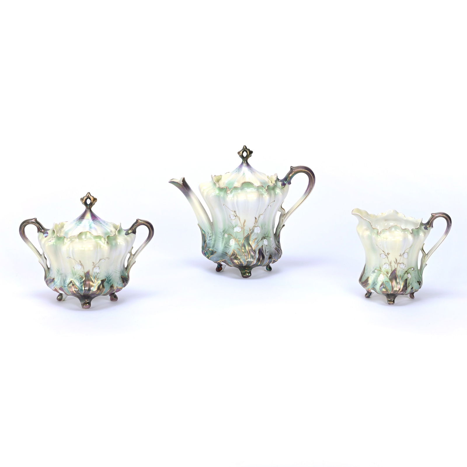 Tea Set Marked Royal Vienna: Tea Set Marked Royal Vienna, Green, White And Tiffany Satin Finish, Lily Of Valley Decor, (1) 6" X 7" Tea Pot, Matching Creamer And Sugar, Sugar Has Interior Rim Chip, Estate Of Jerry House.