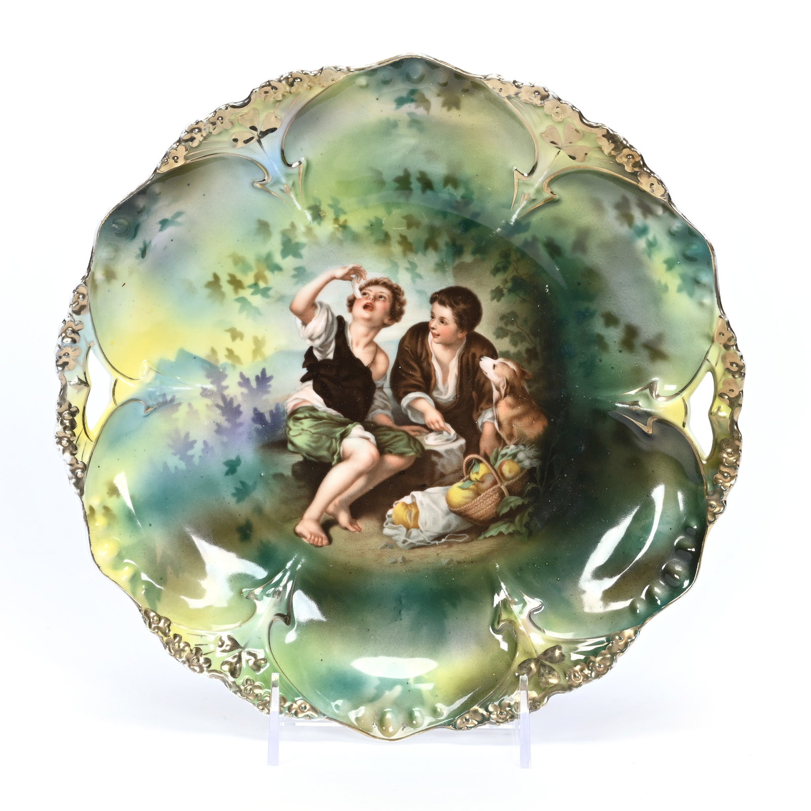 Cake Plate Marked R.S. Prussia, Melon Eaters: Cake Plate Marked R.S. Prussia, Melon Eaters, 10", Point And Clover Mold, Green And Yellow Tones, Estate Of Jerry House.