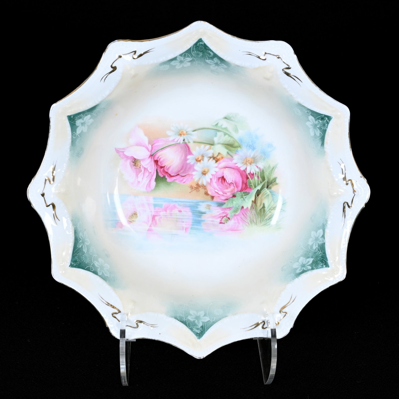 Bowl, Unmarked R.S. Prussia: Bowl, Unmarked R.S. Prussia, 11", Swag And Tassel Mold, Cream, Green And White Tones, Reflecting Floral Decor, Tennessee Private Collection.
