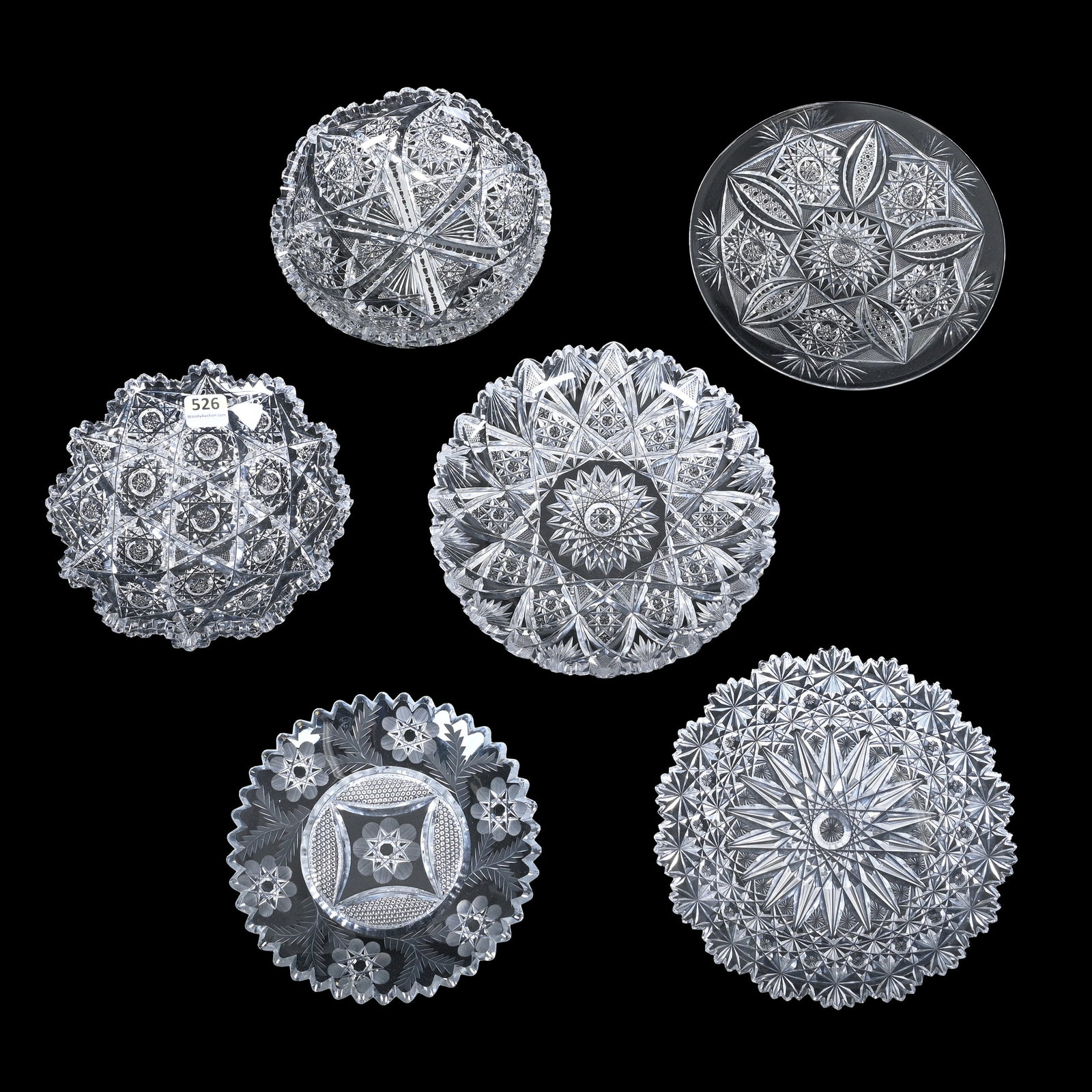 (7) Plates And Nappies, American Brilliant Cut Glass: (7) Plates And Nappies, American Brilliant Cut Glass, Various Patterns, Shapes And Designs, Smallest Nappy Does Have Some Tooth Chips, All Others In Good Condition, Ware Collection, Illinois.