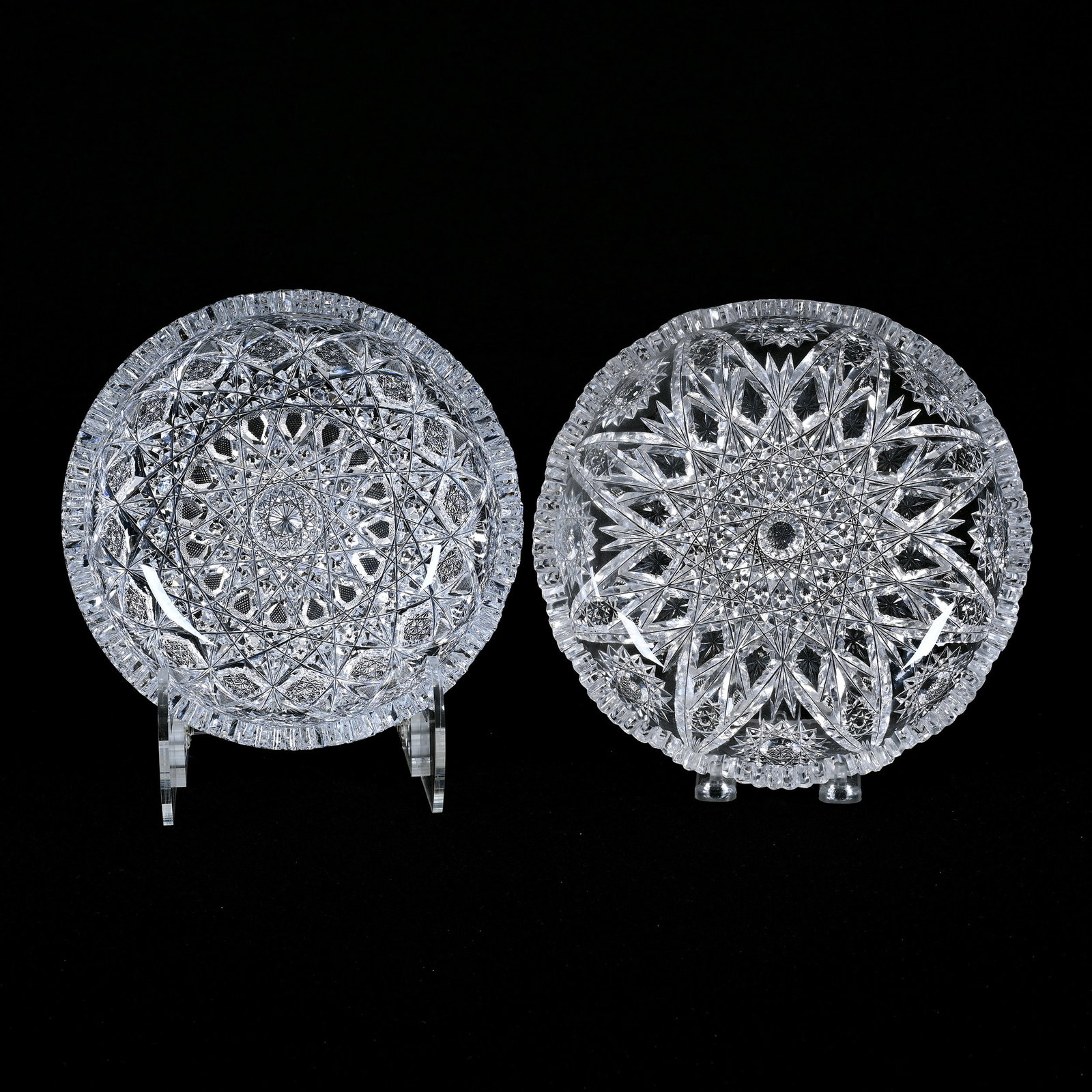 (2) Expanding Star Patterns By Elite, ABCG: (2) Expanding Star Patterns By Elite, American Brilliant Cut Glass, (1) 3.75" X 8.25" Bowl, One Serious Tooth Chip, (1) 2" X 9" Bowl, Small Rim Touch-Up, Ware Collection, Illinois.