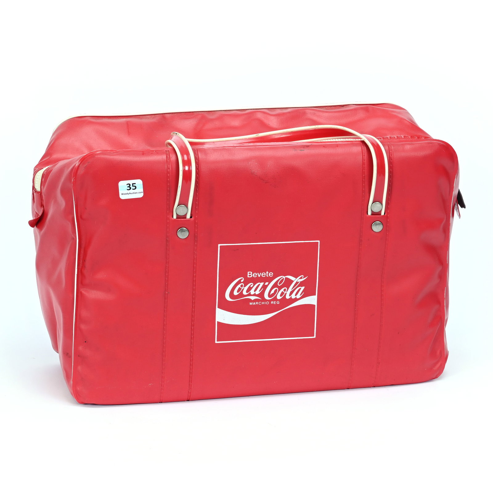 Coca-Cola Red Vinyl Cooler, Italian, 1960's: Coca-Cola Red Vinyl Cooler, Italian, 1960's, 10.5" x 15" x 7", "Bevete", Kansas Private Collection.