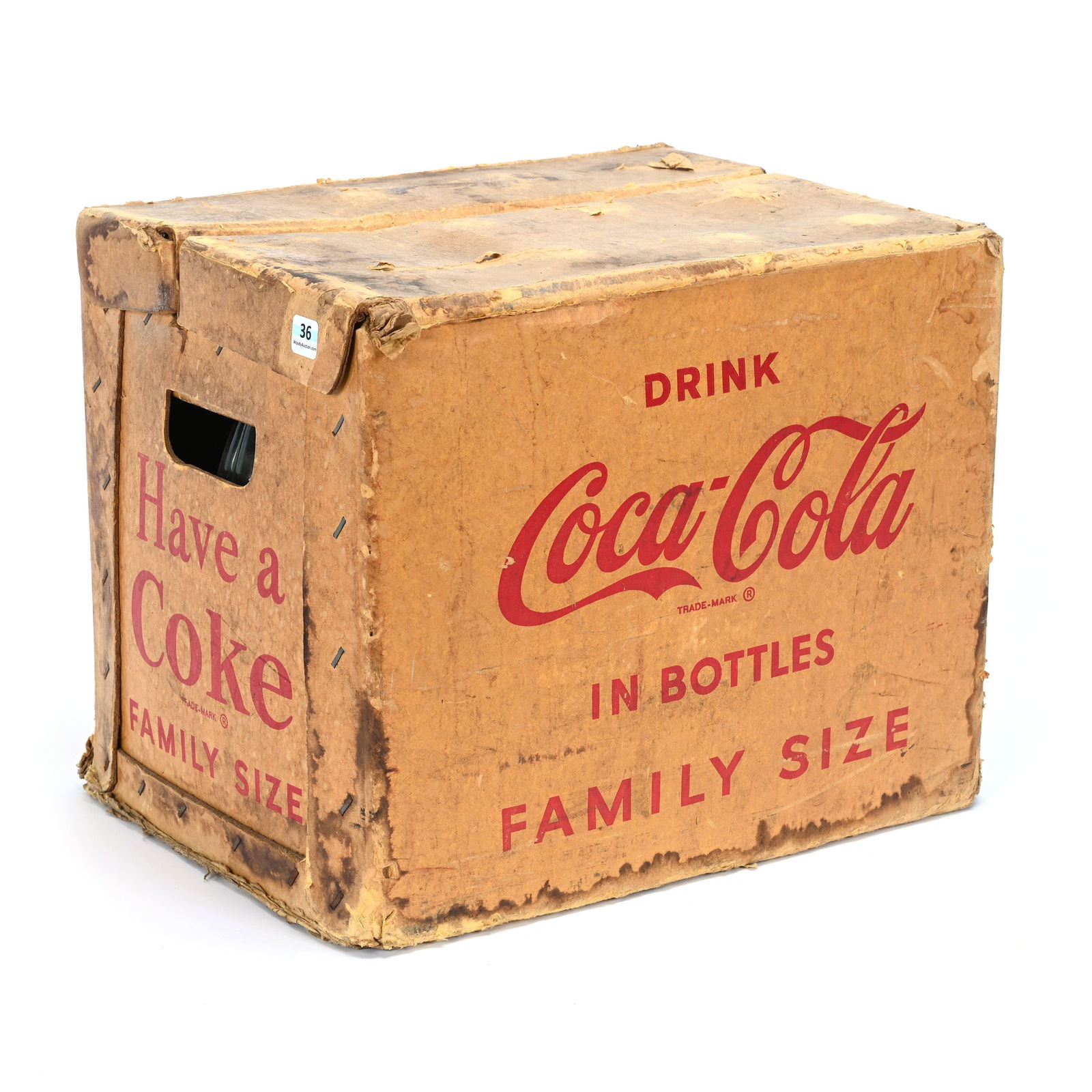 Coca-Cola Wax Cardboard Carrier, 1940's-50's: Coca-Cola Wax Cardboard Carrier, 1940's-50's, 12" x 11" x 14.5", Carrier For (12) Family Size Bottles, Sells With (8) Glass Family Size Bottles, Kansas Private Collection.