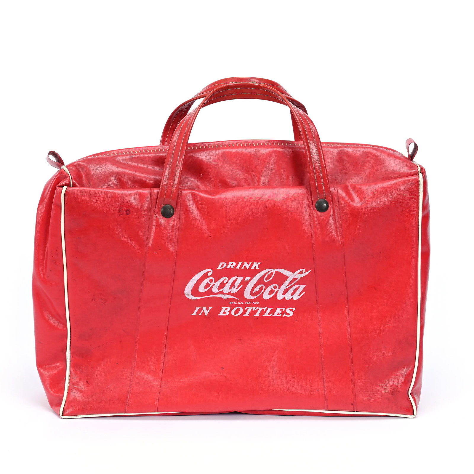 Coca-Cola Red Vinyl Cooler, 1950's: Coca-Cola Red Vinyl Cooler, 1950's, 9.5" x 14" x 4.5", Nice Stitching, One Corner Tear, Kansas Private Collection.
