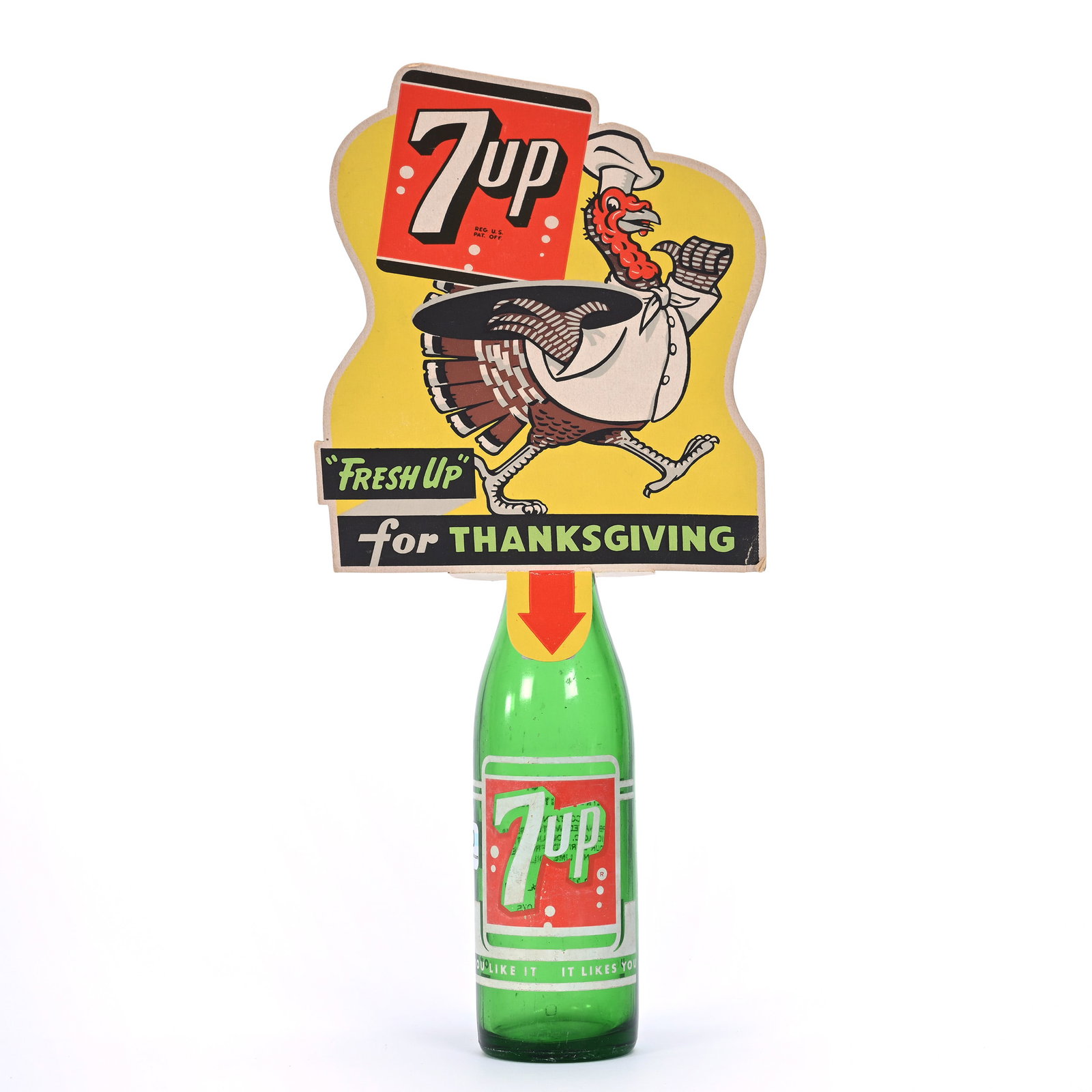 Seven-Up Green Glass Bottle & Topper, 1950's: Seven-Up Green Glass Bottle & Topper, 1950's, 9.5" x 2.5", Thanksgiving, Kansas Private Collection.