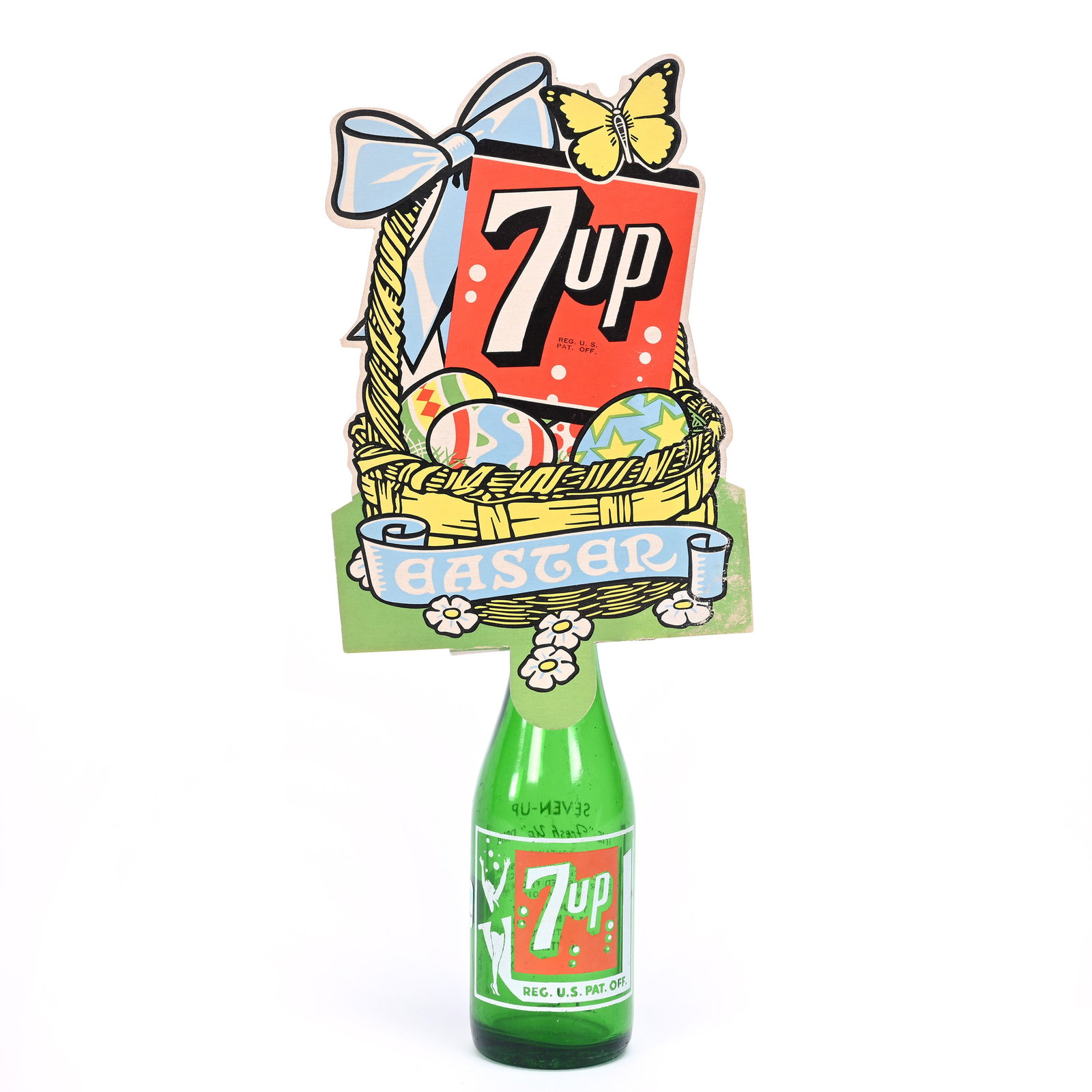 Seven-Up Green Glass Bottle 1947 & Topper 1950's: Seven-Up Green Glass Bottle 1947 & Topper 1950's, 8" x 2.25", Easter, Kansas Private Collection. UPDATED 5-23-24: Additional Information Added.