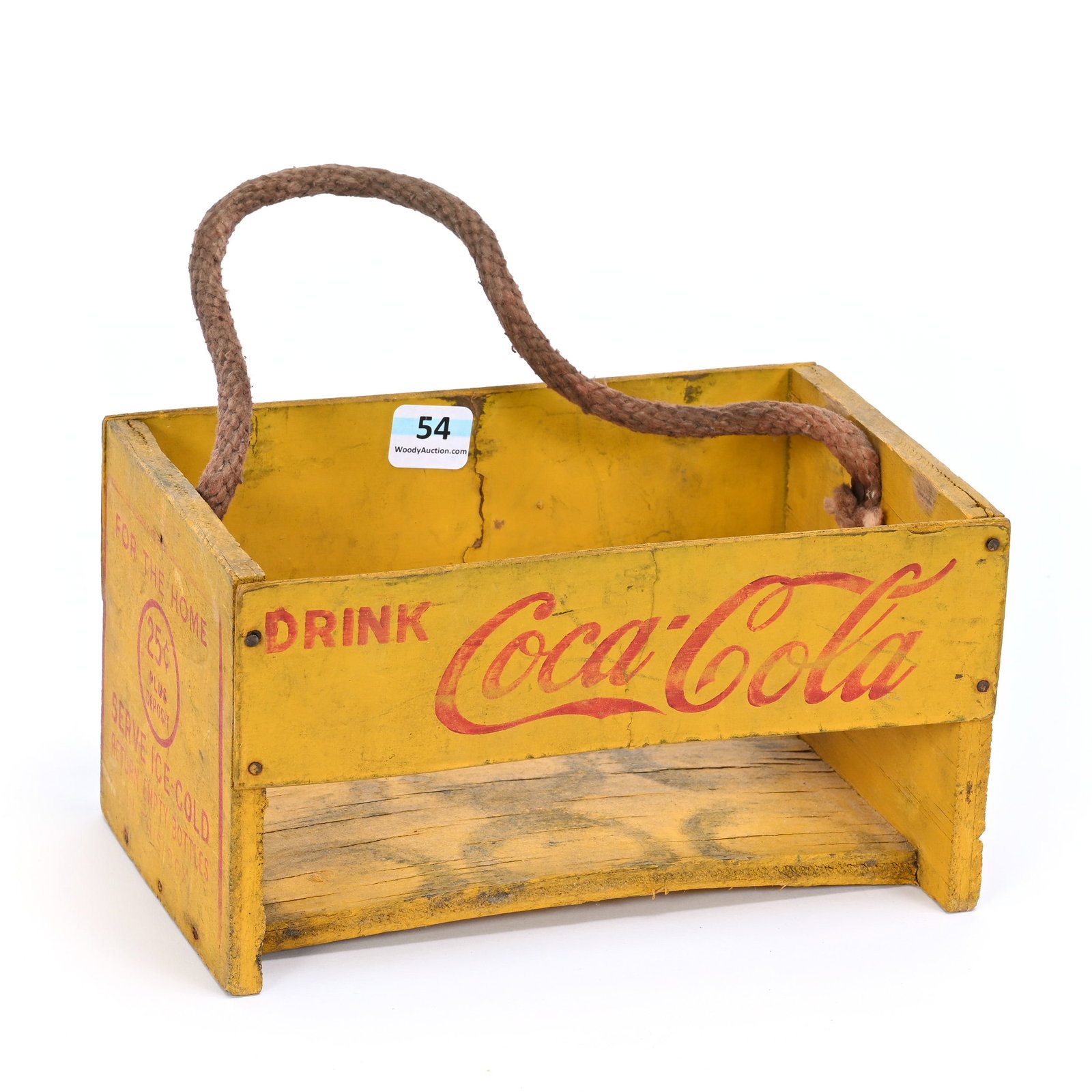 Coca-Cola Yellow Wood Six-Pack Carrier, Circa 1940's: Coca-Cola Yellow Wood Six-Pack Carrier, Circa 1940's, 4.5" x 8" x 5.25", Rope Handle, Kansas Private Collection. UPDATED 5-28-24: See Additional Photo.