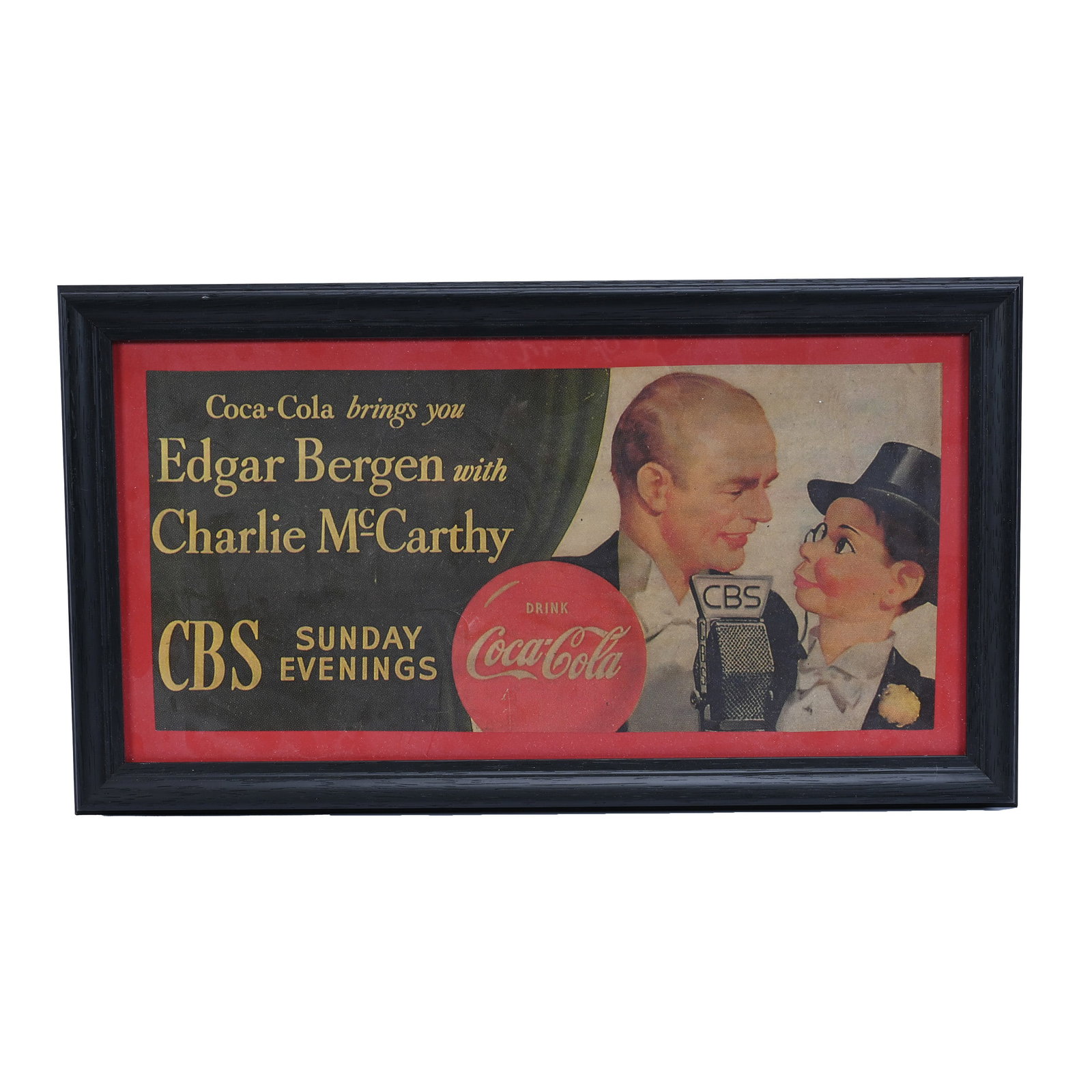 Coca-Cola CBS Sunday Evening Framed Sign: Coca-Cola CBS Sunday Evening Framed Sign, 7.5" x 16.25", Frame Size 11" x 19.75", Kansas Private Collection.