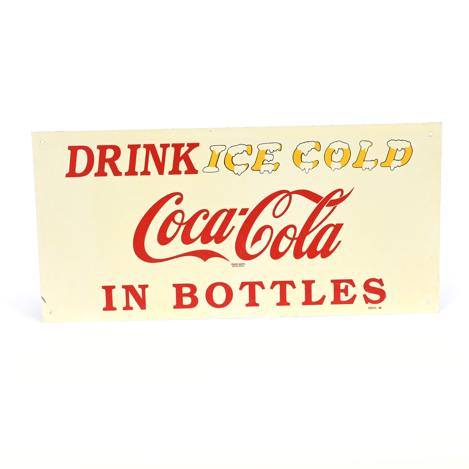 Coca-Cola Metal Four Color Sign, 1948: Coca-Cola Metal Four Color Sign, 1948, 11.25" x 23.75", "Drink Ice Cold", Kansas Private Collection.