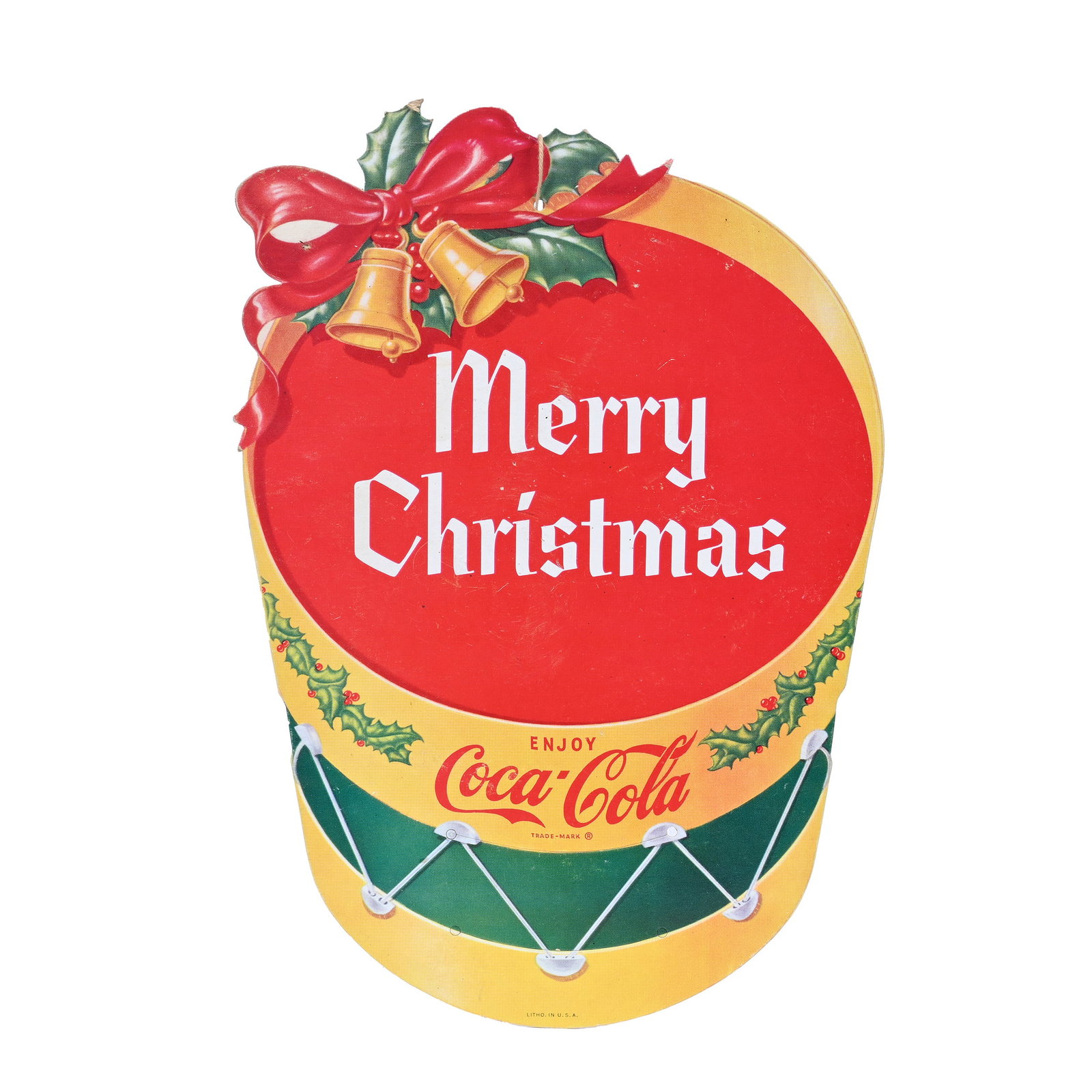 Coca-Cola Die-Cut Hanger, 1950's: Coca-Cola Die-Cut Hanger, 1950's, 10.5" x 7.25", "Merry Christmas" "Happy Holidays", Kansas Private Collection.