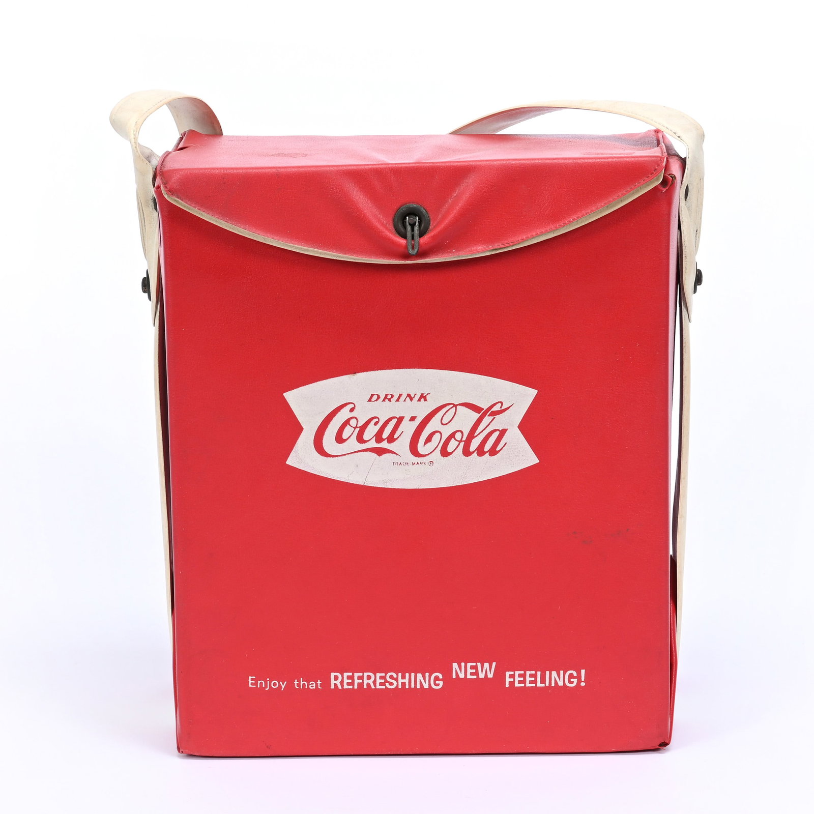Coca-Cola Square Red Vinyl Cooler, Fishtail, 1965: Coca-Cola Square Red Vinyl Cooler, Fishtail, 1965, 10" x 9" x 6", Kansas Private Collection.