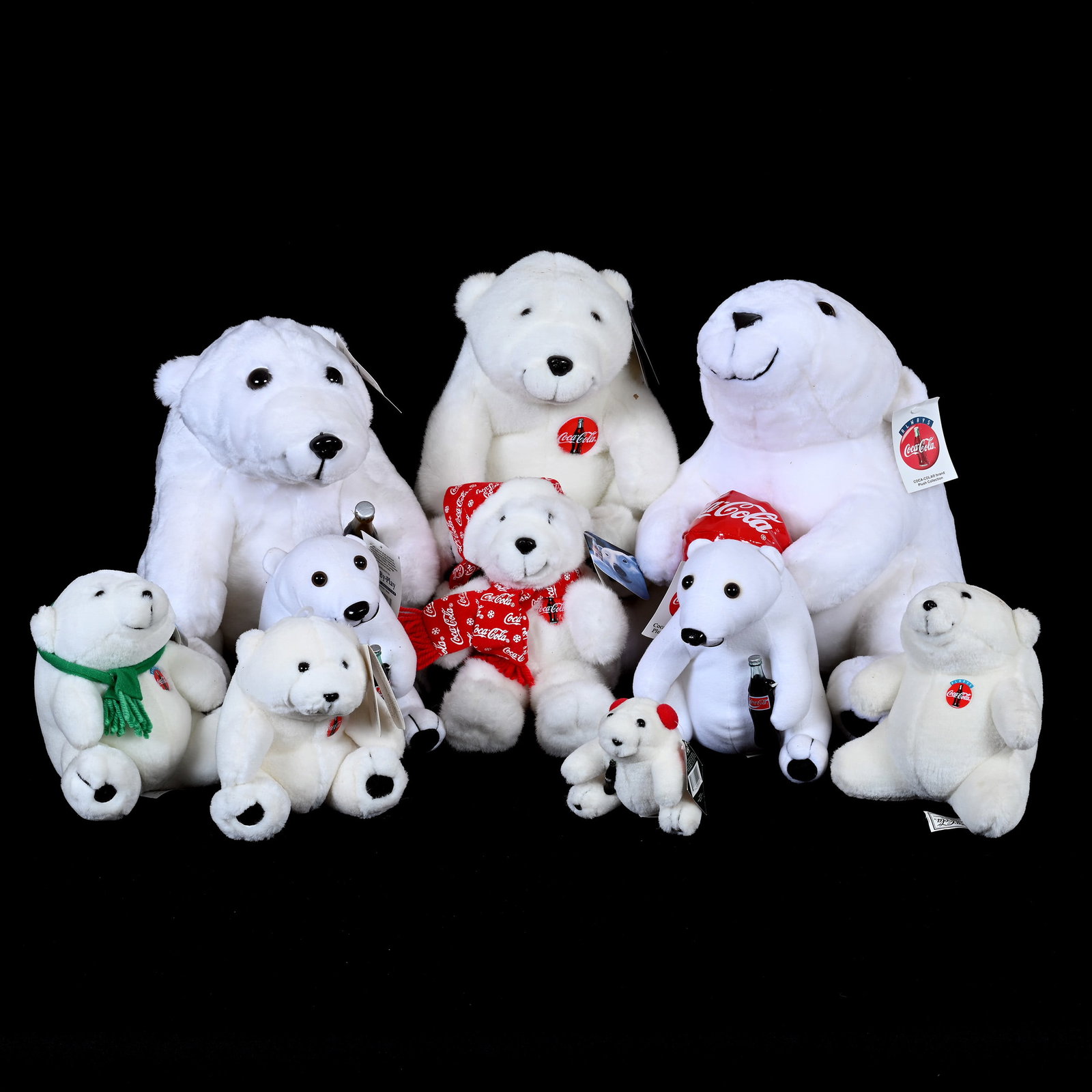 (10) Coca-Cola Polar Bears: (10) Coca-Cola Polar Bears, All With Original Tags, Sizes Range From 14" x 4", See Photos For Details, Kansas Private Collection.