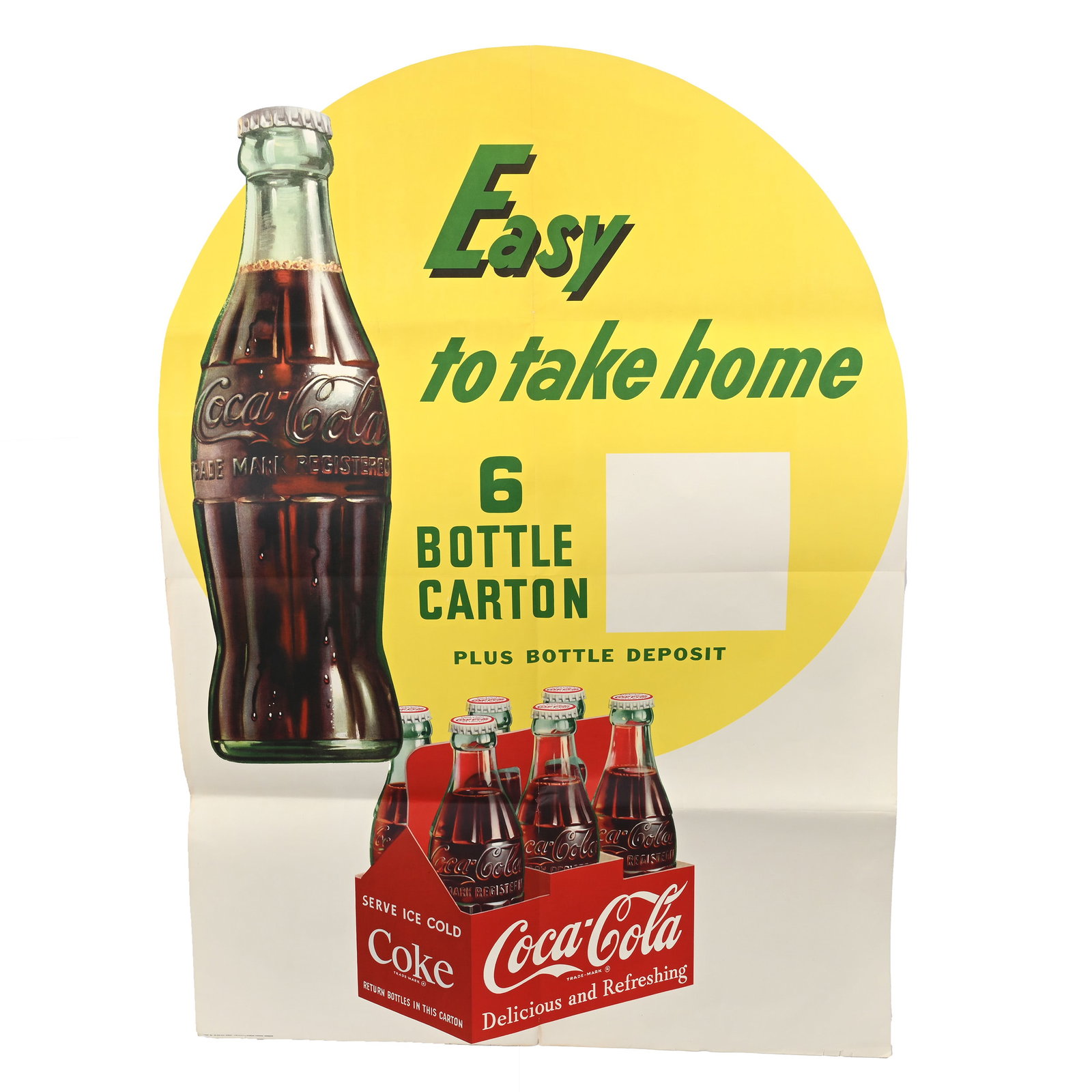 Coca-Cola Giant Die-Cut Paper Sign, 1952: Coca-Cola Giant Die-Cut Paper Sign, 1952, 56" x 40" Approximately, Colors Are Bright, Very Good Condition, Some Folding Separations, Kansas Private Collection. UPDATED 5-29-24: Woody Auction Will Be A