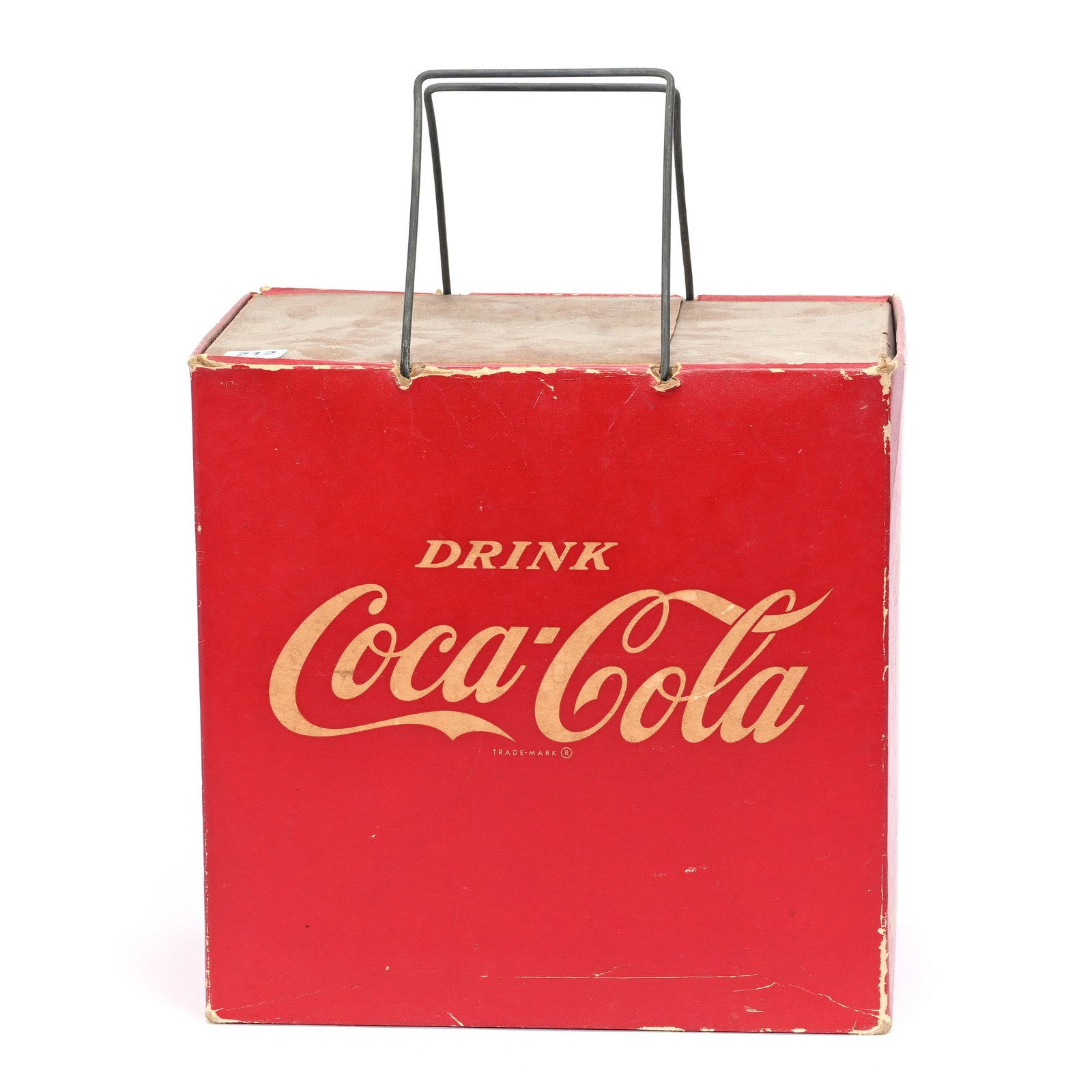 Coca-Cola Cardboard Picnic Cooler, 1940-50's: Coca-Cola Cardboard Picnic Cooler, 1940-50's, 10" x 9.75" x 6", Kansas Private Collection.