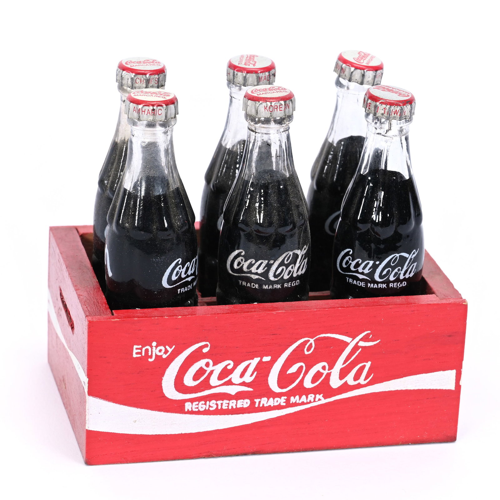 Coca-Cola Miniature Wood Six-Pack, 1970's: Coca-Cola Miniature Wood Six-Pack, 1970's, 3.25" x 3.5" x 2.25", Red, Kansas Private Collection.