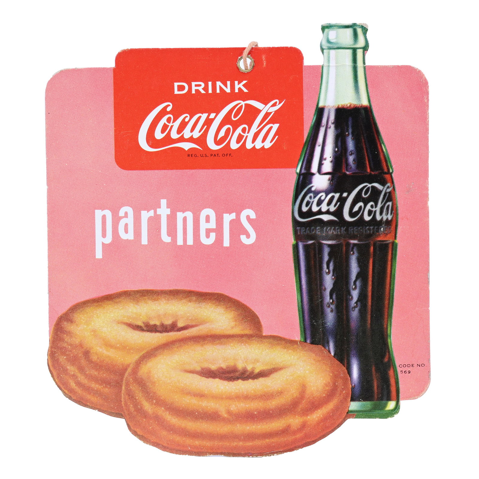 Coca-Cola Die Cut Hanger With Donuts, 1950's: Coca-Cola Die Cut Hanger With Donuts, 1950's, 6.5" x 5.75", Kansas Private Collection. UPDATED 5-29-24: Changed Description.