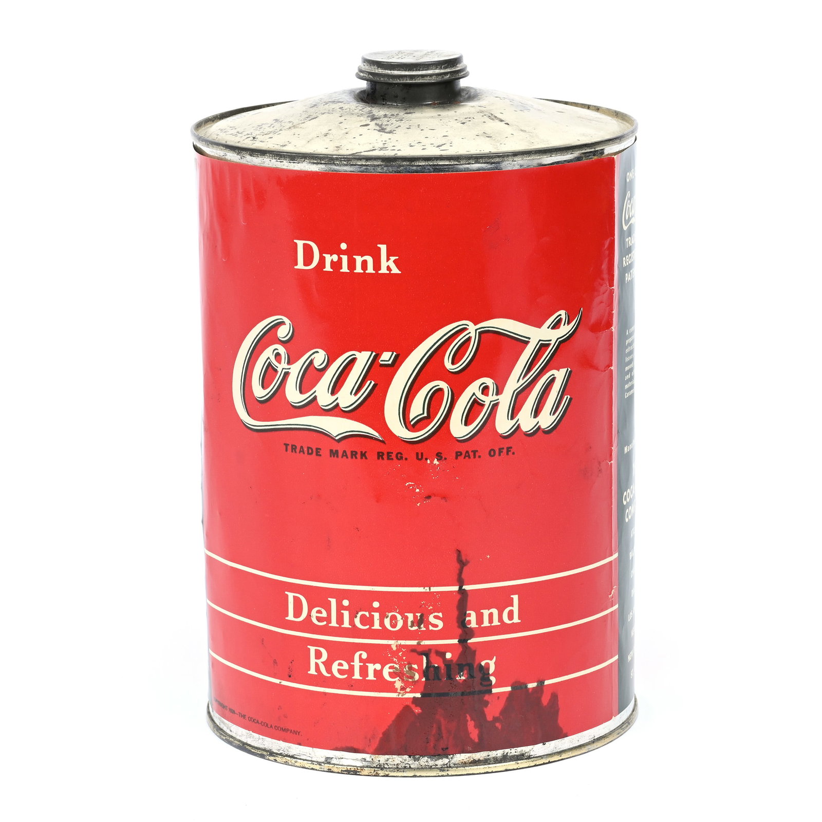Coca-Cola Metal Syrup Can, 1939: Coca-Cola Metal Syrup Can, 1939, 9.5" x 6.25", Good Label, Minor Staining, Kansas Private Collection.