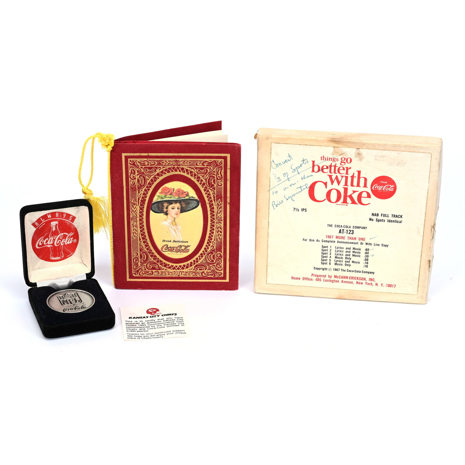 Coca-Cola NFL Commemorative Coin, Chiefs, 1995: Coca-Cola NFL Commemorative Coin, Chiefs, 1995, Limited Edition Of 3000, Certificate Included, Original Case, Selling With "Things Go Better With Coke" Audio 7.5 LPS Tape From 1967, Kansas Private Col
