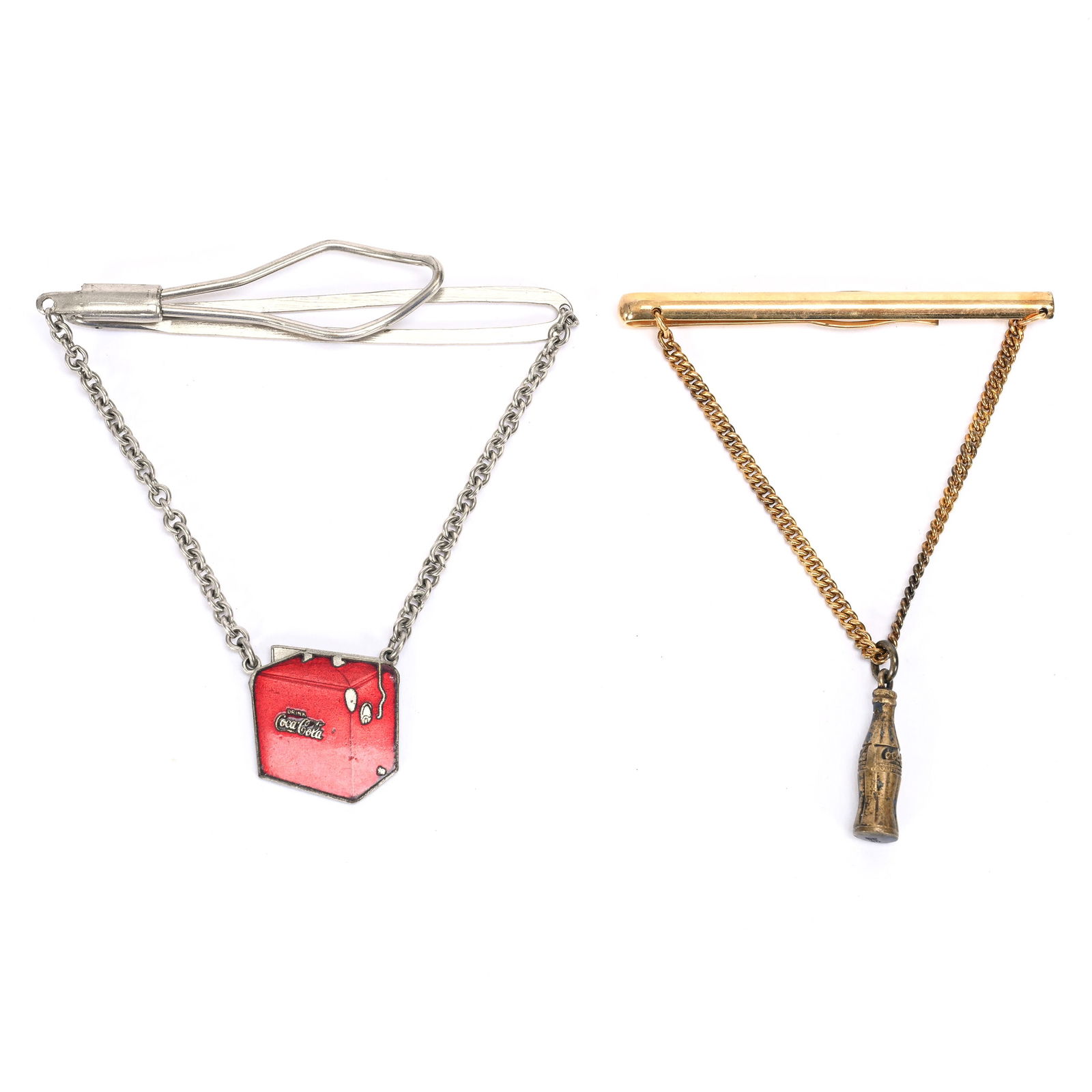 (2) Coca-Cola Tie Clips: (2) Coca-Cola Tie Clips, (1) Red Enamel Chest On Chain, (1) Golden Bottle On Chain, Kansas Private Collection.