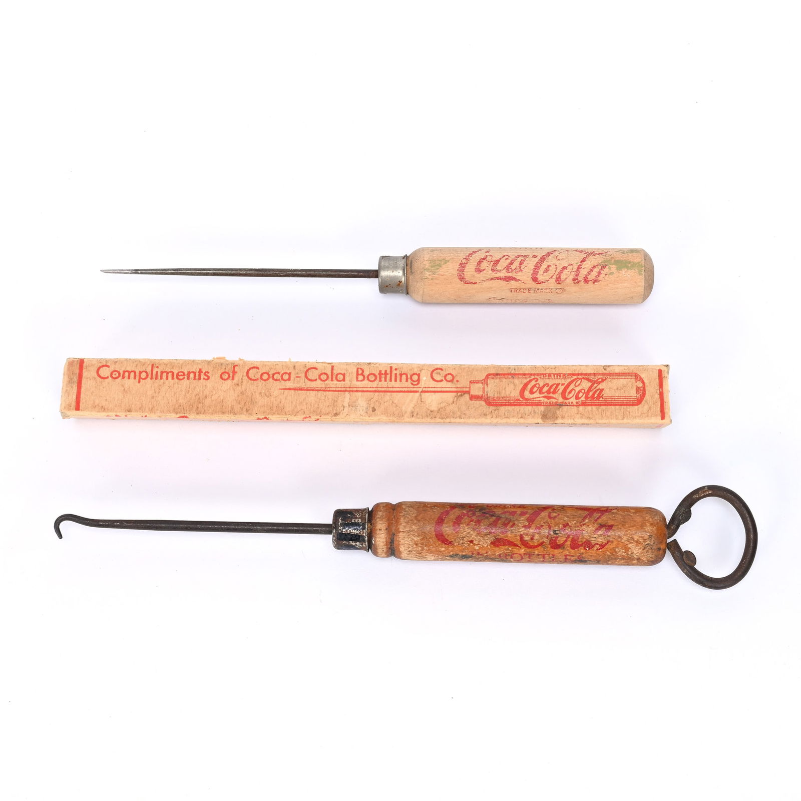 (2) Coca-Cola Ice Picks- 1 In Original Box, (1) Coca-Cola Ice Hook (1 of 2)