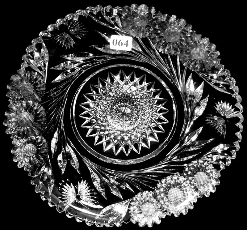 10" AMERICAN BRILLIANT CUT GLASS TORTE PLATE WITH W: 10" AMERICAN BRILLIANT CUT GLASS TORTE PLATE WITH WAFER BASE BUTTERFLY AND DAISY MOTIF BY PAIRPOINT - HOBSTAR CENTER