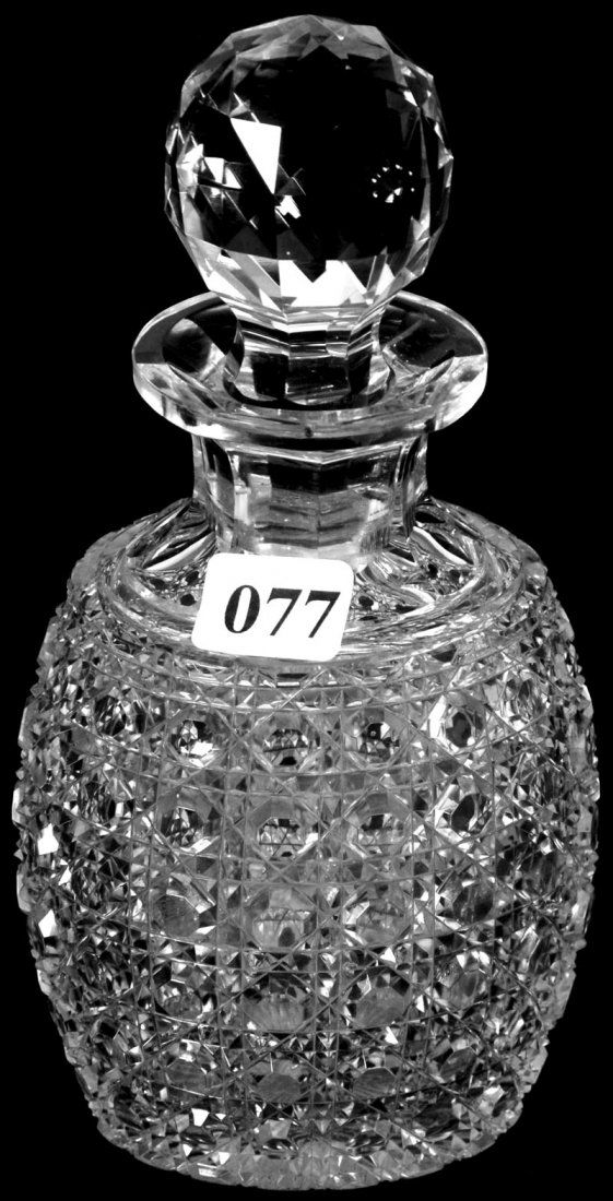 7" AMERICAN BRILLIANT CUT GLASS OVAL COLOGNE BOTTLE: 7" AMERICAN BRILLIANT CUT GLASS OVAL COLOGNE BOTTLE CANE PATTERN - small nick on rim - stopper is currently stuck in bottle