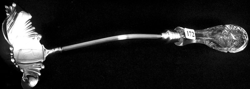 15 1/2" AMERICAN BRILLIANT CUT GLASS PUNCH LADLE: 15 1/2" AMERICAN BRILLIANT CUT GLASS PUNCH LADLE HOBSTAR, STRAWBERRY DIAMOND AND FAN MOTIF - SIGNED PAIRPOINT SILVERPLATE DIPPER