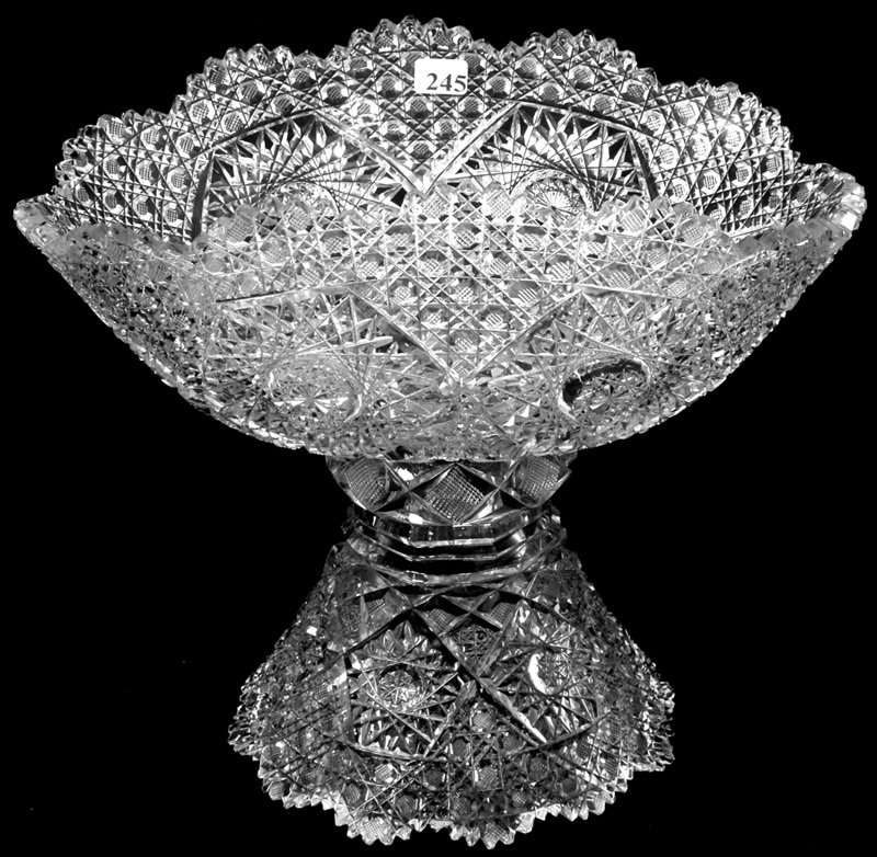 11 1/2" X 13" AMERICAN BRILLIANT CUT GLASS BANANA: 11 1/2" X 13" AMERICAN BRILLIANT CUT GLASS BANANA SHAPED TWO PART PUNCH BOWL HOBSTAR, CANE, STRAWBERRY DIAMOND AND HARVARD MOTIF - EXACTLY AS FEATURED IN RARITIES, PAGE 68
