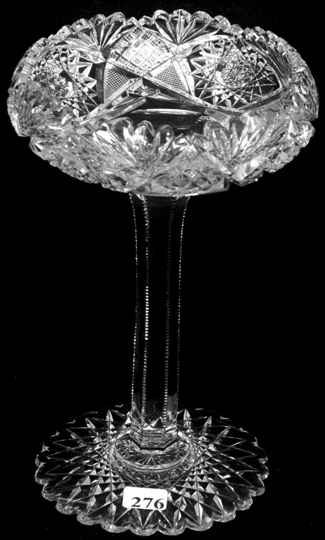 8" X 6" AMERICAN BRILLIANT CUT GLASS ROLLED RIM CO: 8" X 6" AMERICAN BRILLIANT CUT GLASS ROLLED RIM COMPOTE SAXONY PATTERN BY PAIRPOINT - NOTCHED STEM - SCALLOPED HOBSTAR BASE