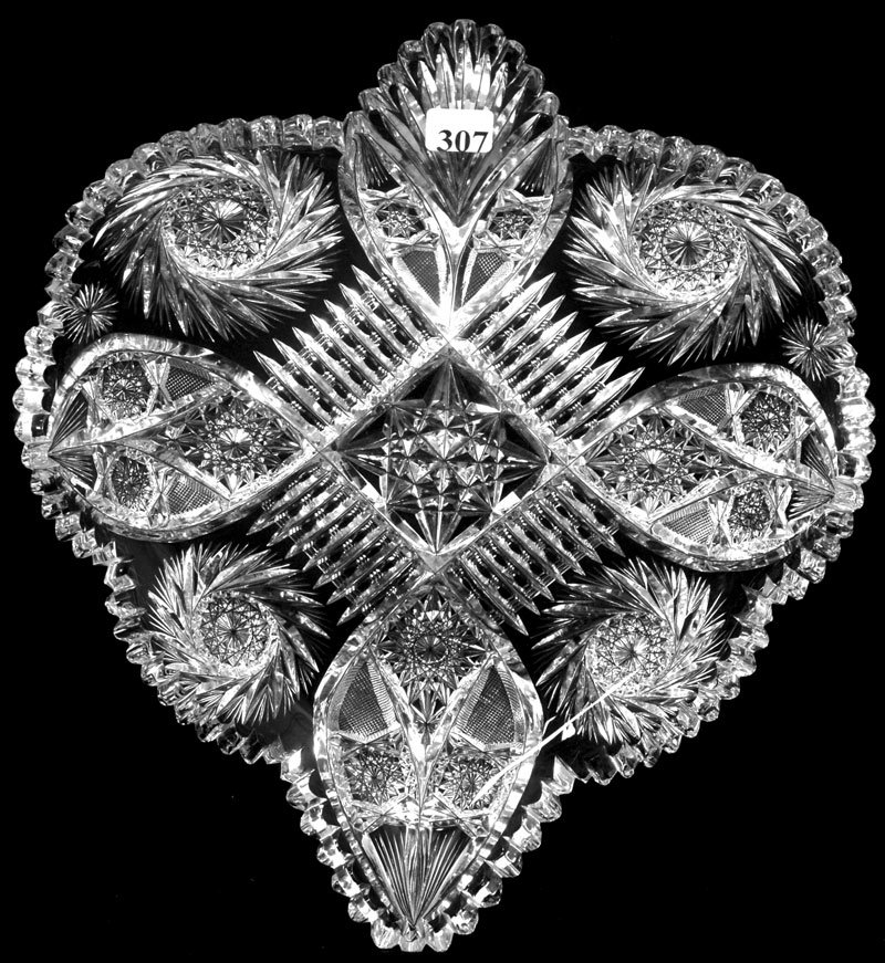 13 1/2" SIGNED FRY AMERICAN BRILLIANT CUT GLASS HE: 13 1/2" SIGNED FRY AMERICAN BRILLIANT CUT GLASS HEART SHAPED TRAY - TROJAN PATTERN - CLEAR BLANK