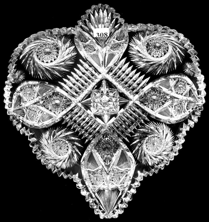 13 1/4" SIGNED FRY AMERICAN BRILLIANT CUT GLASS HE: 13 1/4" SIGNED FRY AMERICAN BRILLIANT CUT GLASS HEART SHAPED TRAY - TROJAN PATTERN IDENTICAL TO LOT #307 - one tooth chipped at base point